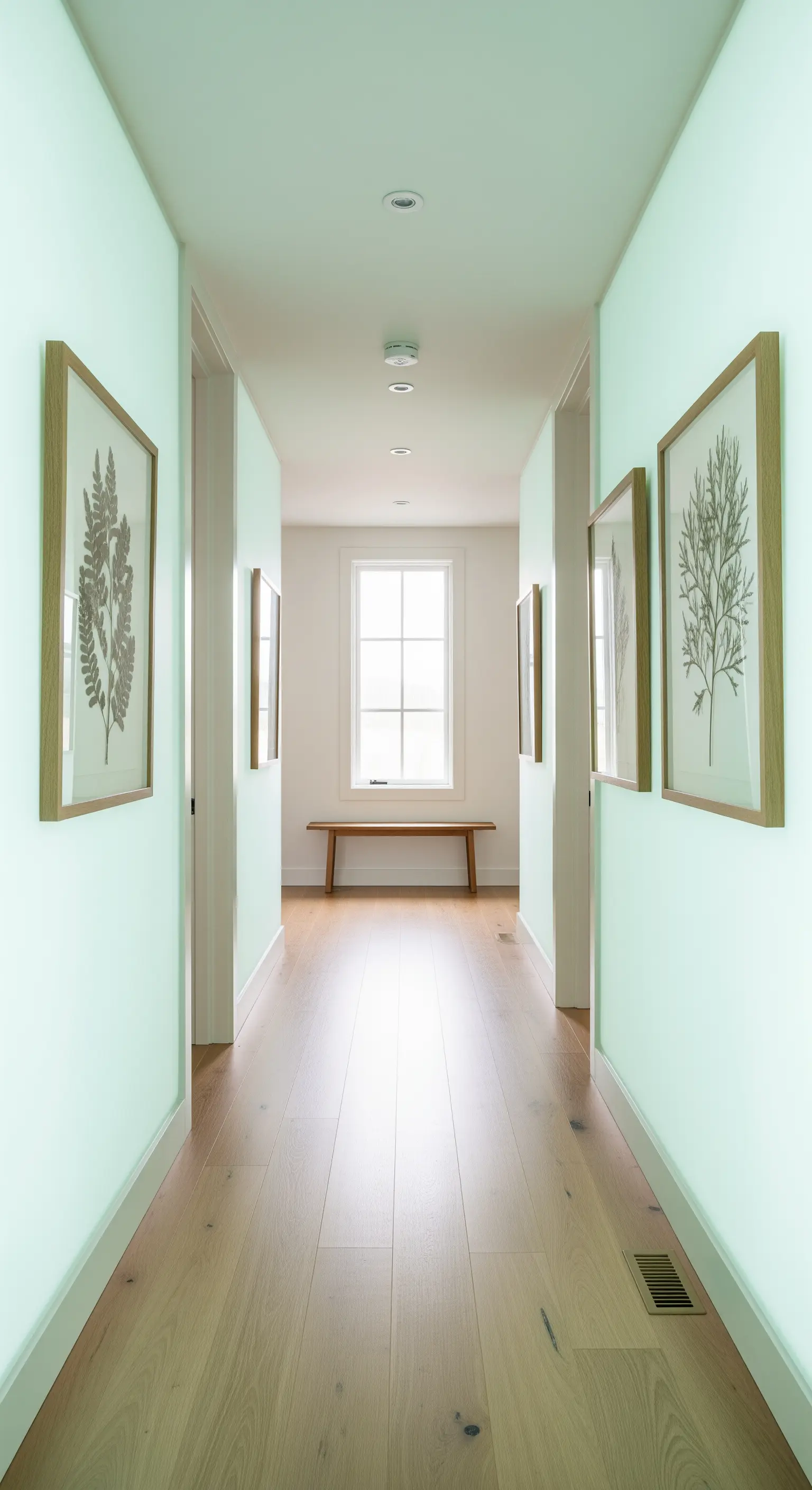 Flur in Aqua mit botanischen Kunstdrucken und hellem Holzboden