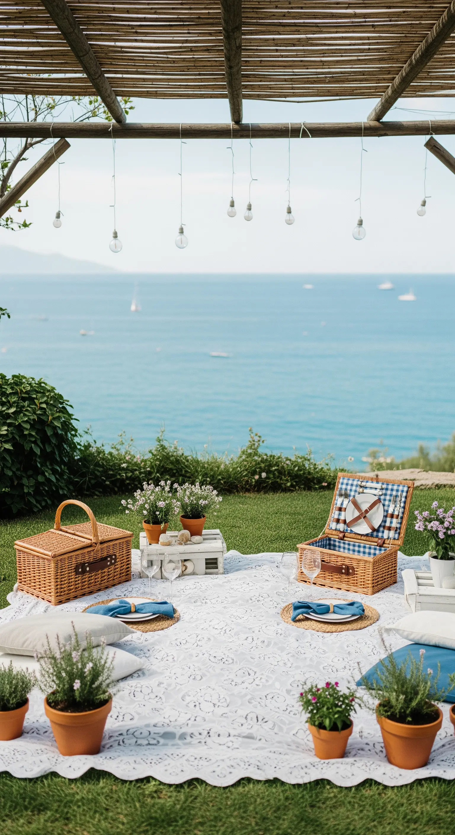 Weißes Picknick am Meer mit Holzkisten, blauen Kissen und Topfpflanzen