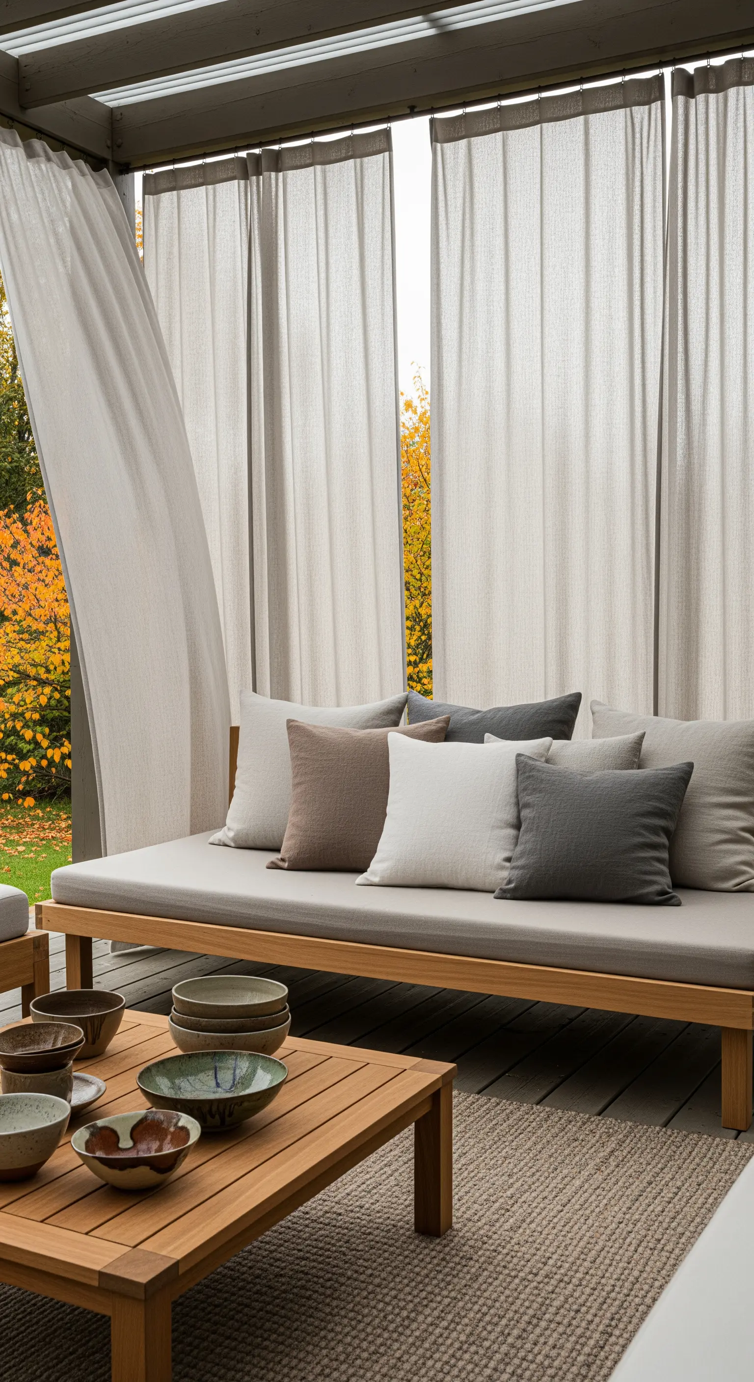 Japandi Outdoor-Lounge mit Leinenvorhängen und Keramik