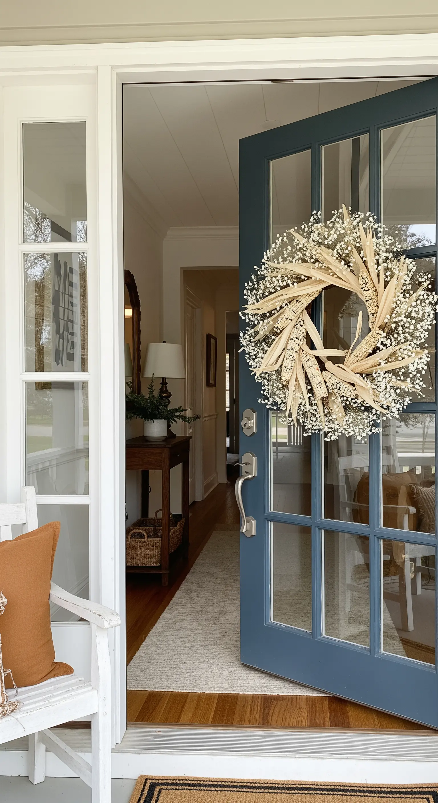 Blaue Tür mit Maisblatt-Schleierkrautkranz und heller Holzbank