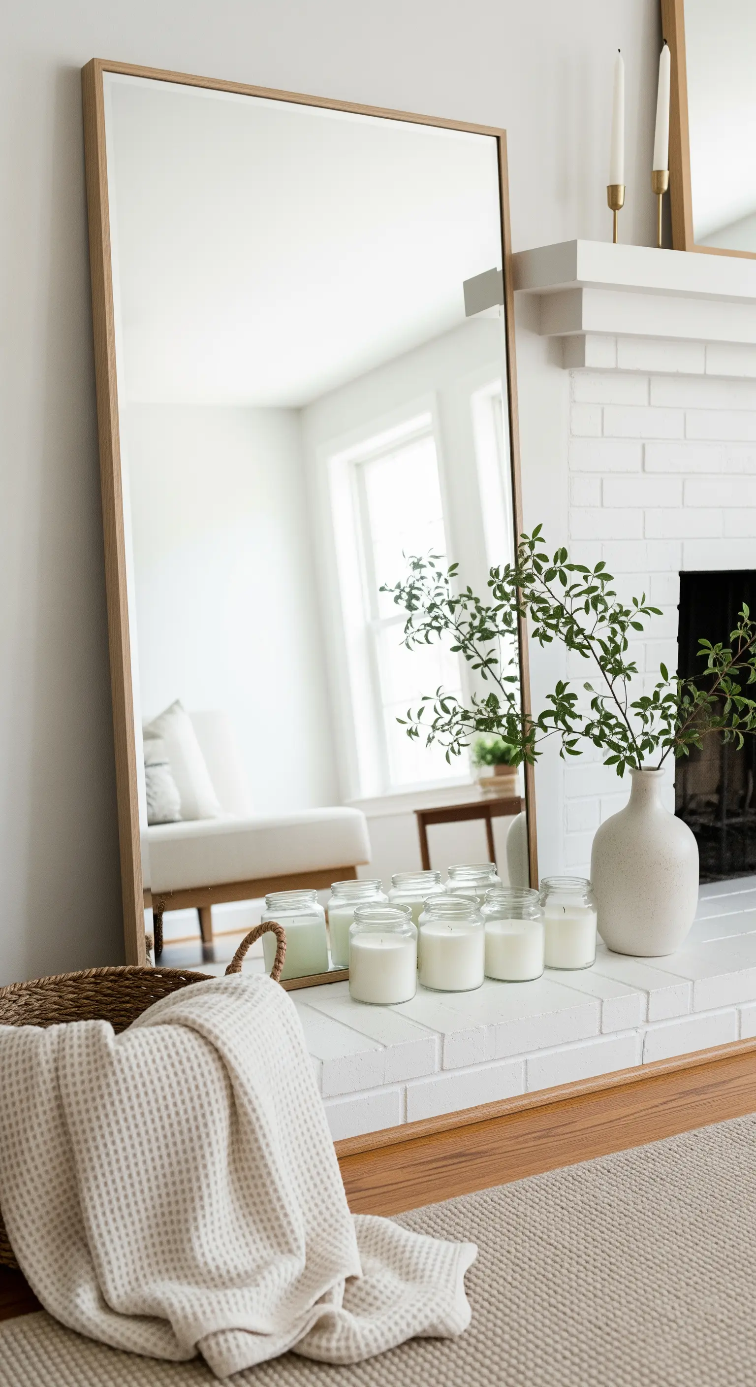 Weißer Kamin mit einem großen, angelehnten Spiegel und einer Gruppe von Kerzen.