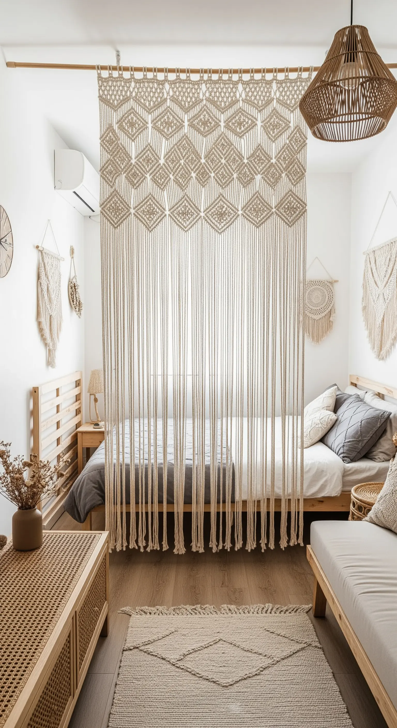 Makramee-Vorhang wird als luftiger Raumteiler in einem kleinen Studio-Apartment genutzt.