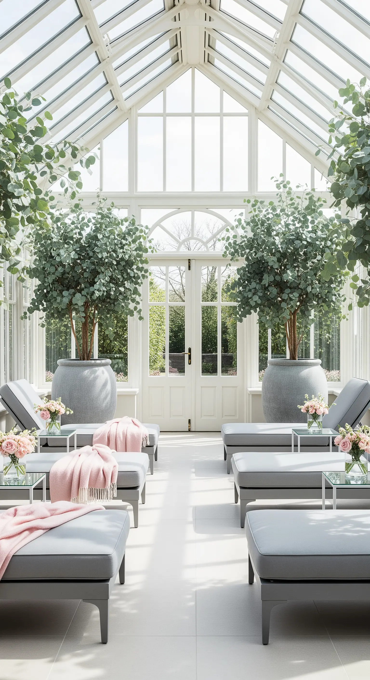 Wintergarten mit grauen Loungemöbeln, rosa Decken und Eukalyptusbäumen.