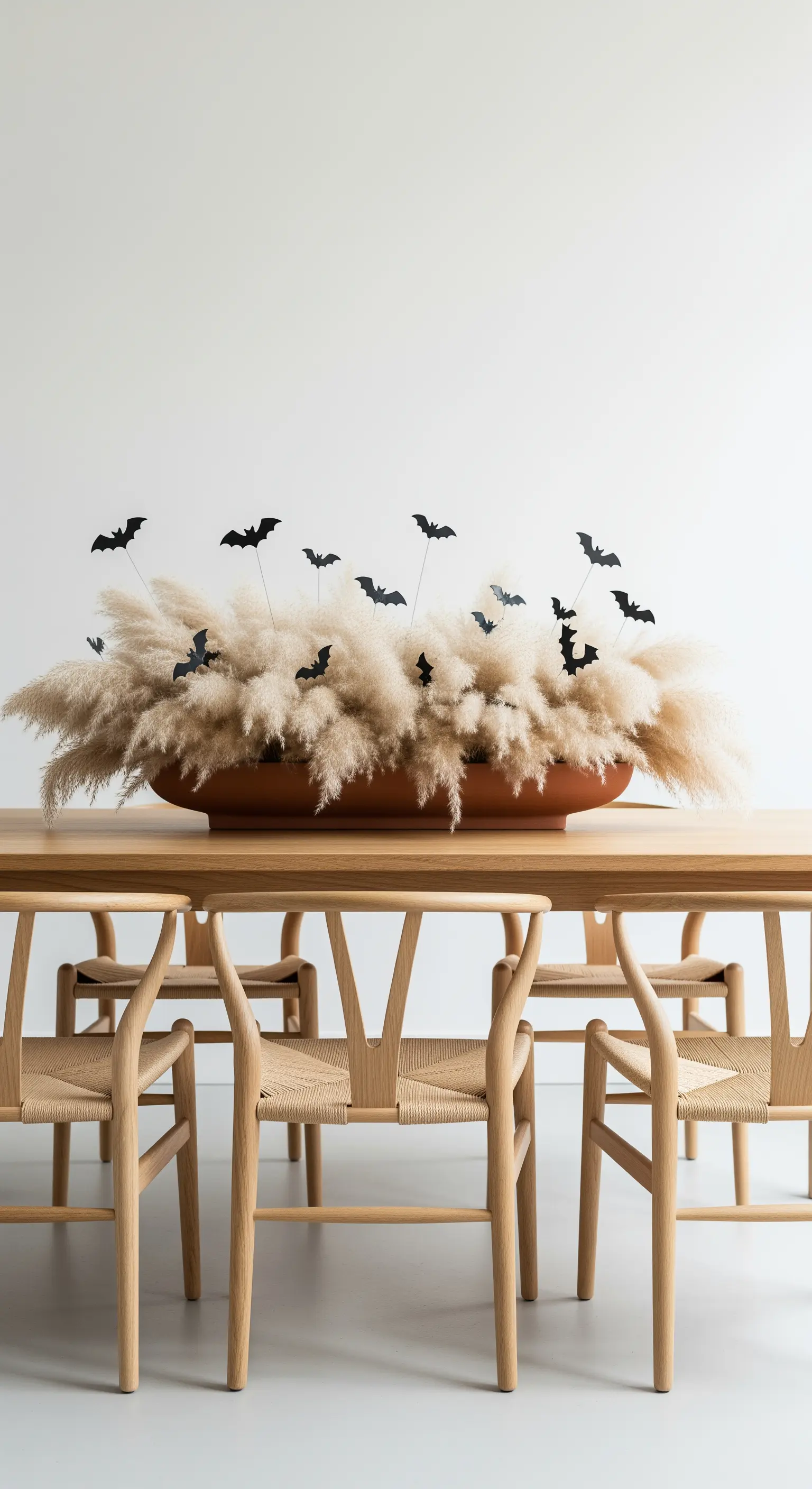 Große Schale mit Pampasgras auf dem Esstisch, aus der Papier-Fledermäuse aufsteigen.