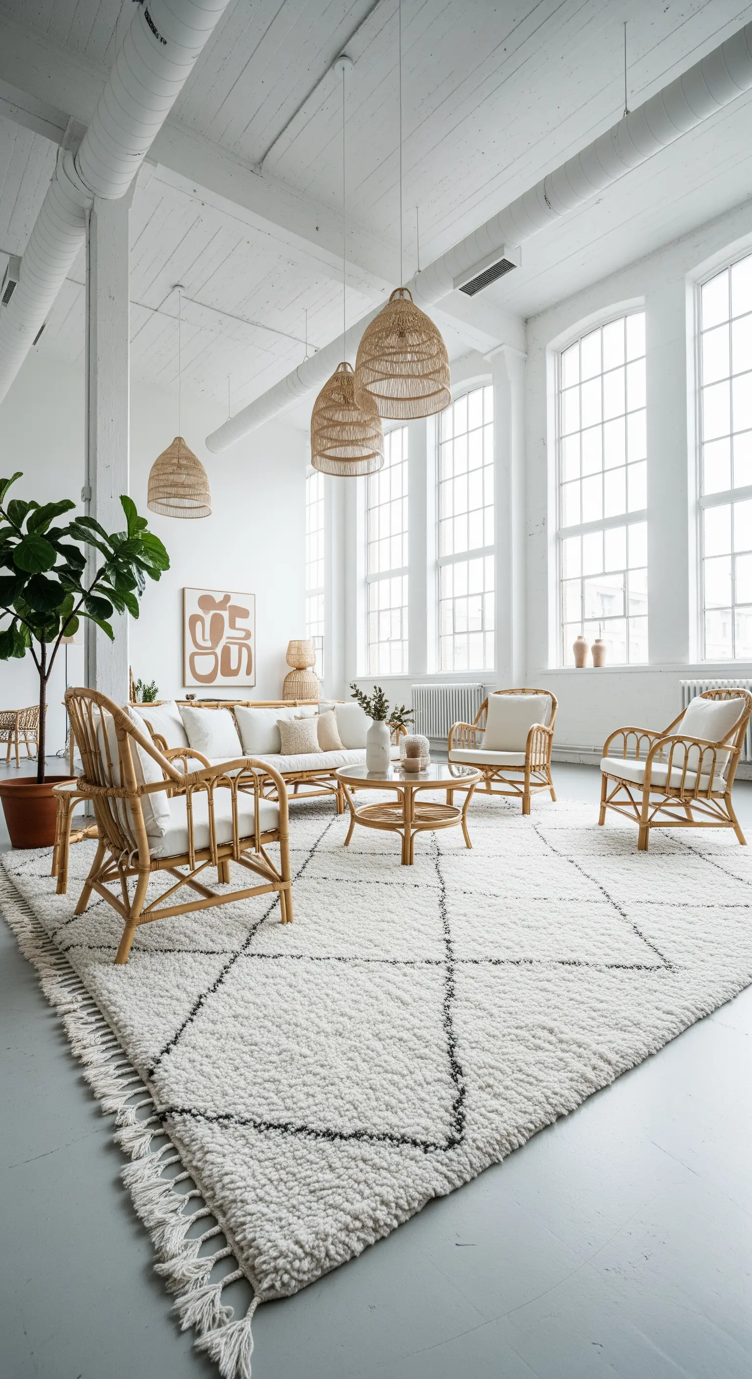 Rattan-Sitzgruppe, großer Berberteppich, gewebte Pendelleuchten