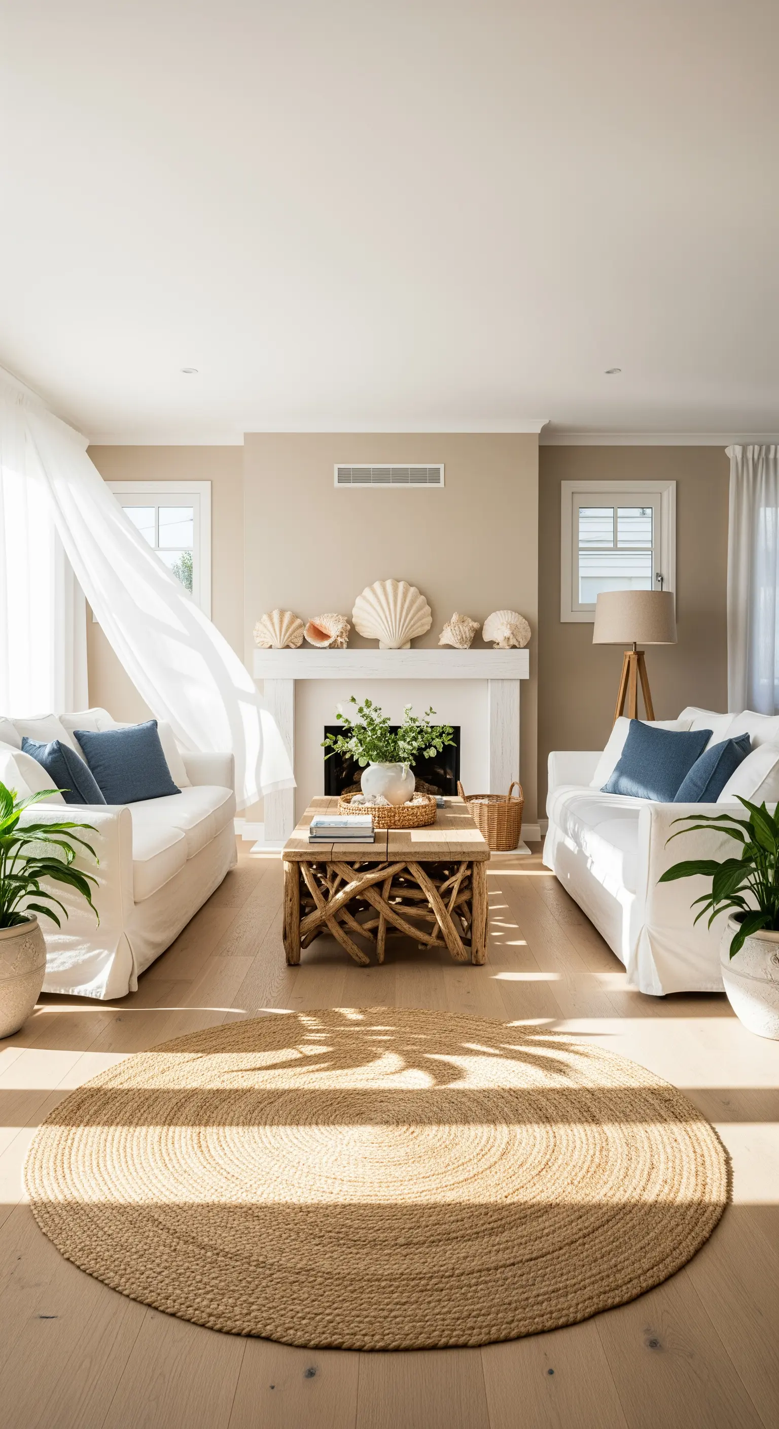 Coastal Living Room mit weißen Sofas, Juteteppich, Muschel-Deko