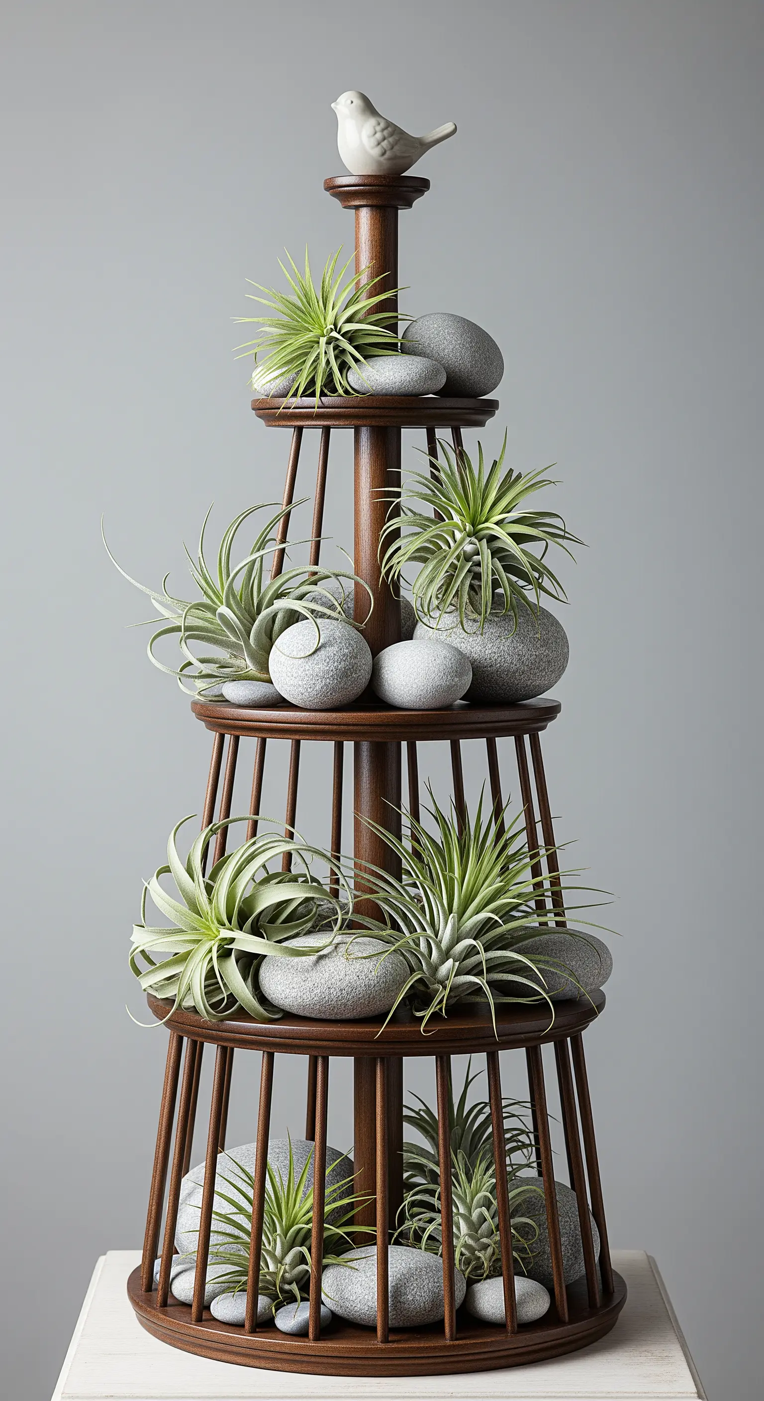 Dunkle Holzspindel-Etagere mit Luftpflanzen und Steinen