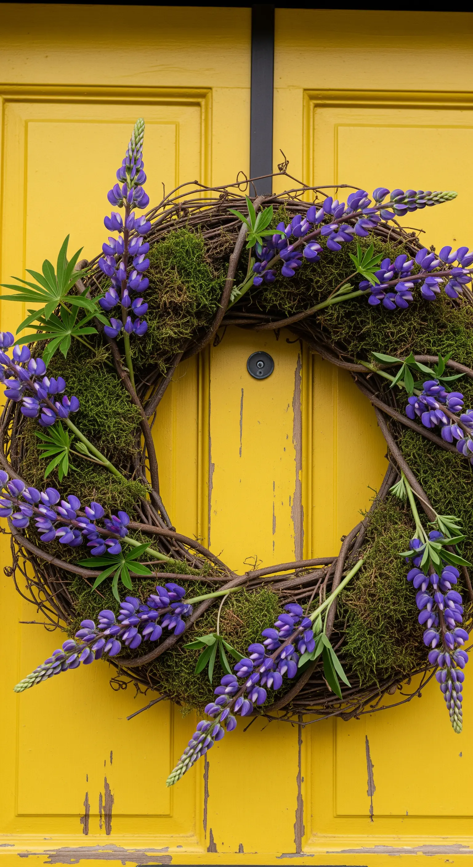 Lupinenkranz mit Moos auf leuchtend gelber, verwitterter Tür