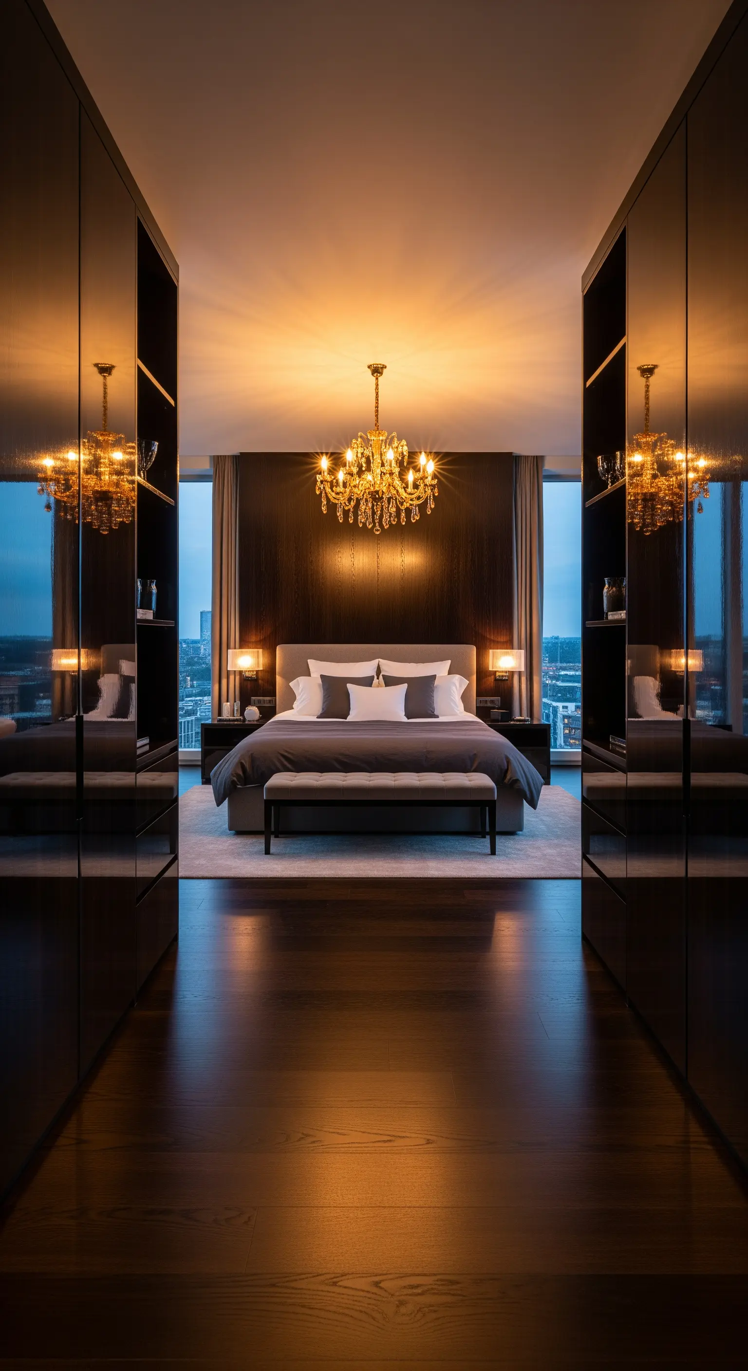 Hochglanzschränke, Kronleuchter, dunkle Holzwand