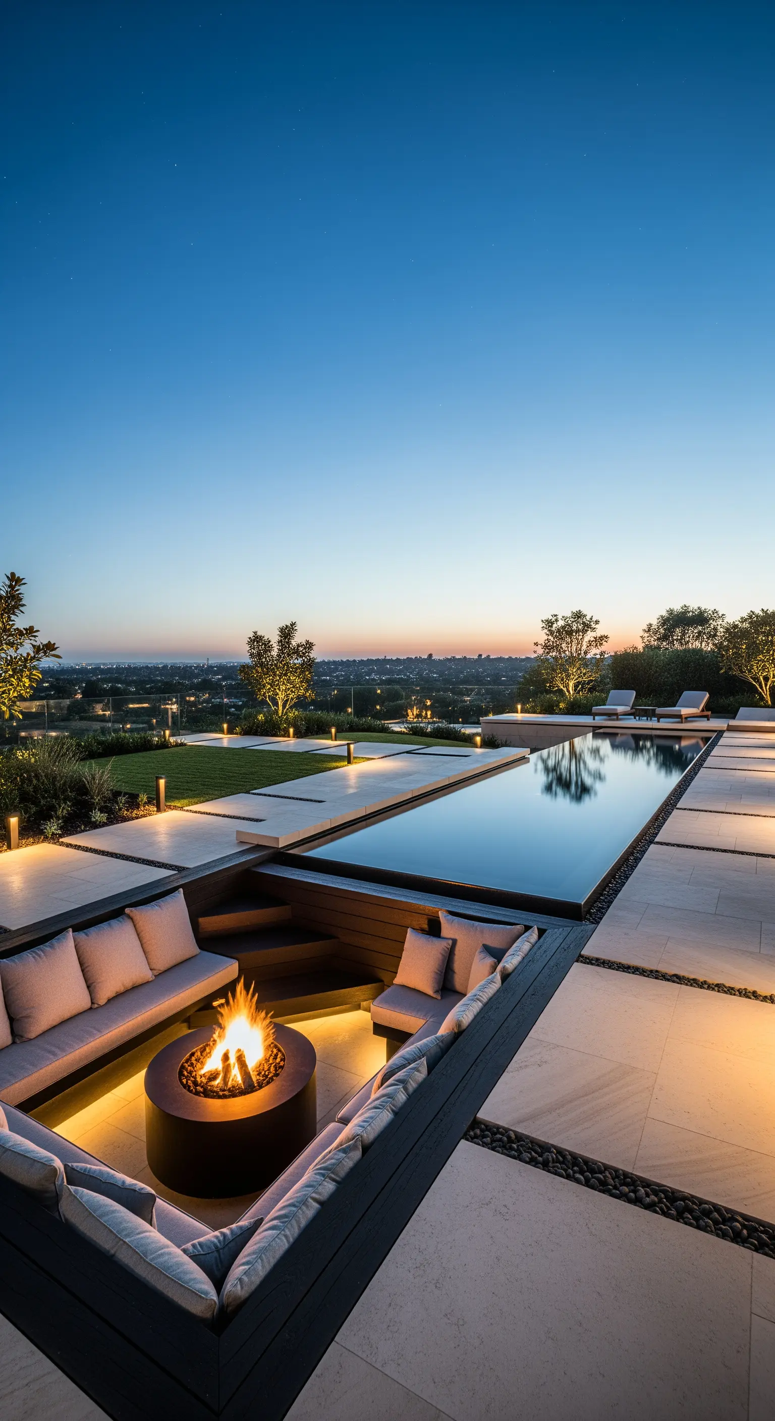 Versunkene Lounge mit Feuerstelle, Infinity-Pool und Abendbeleuchtung