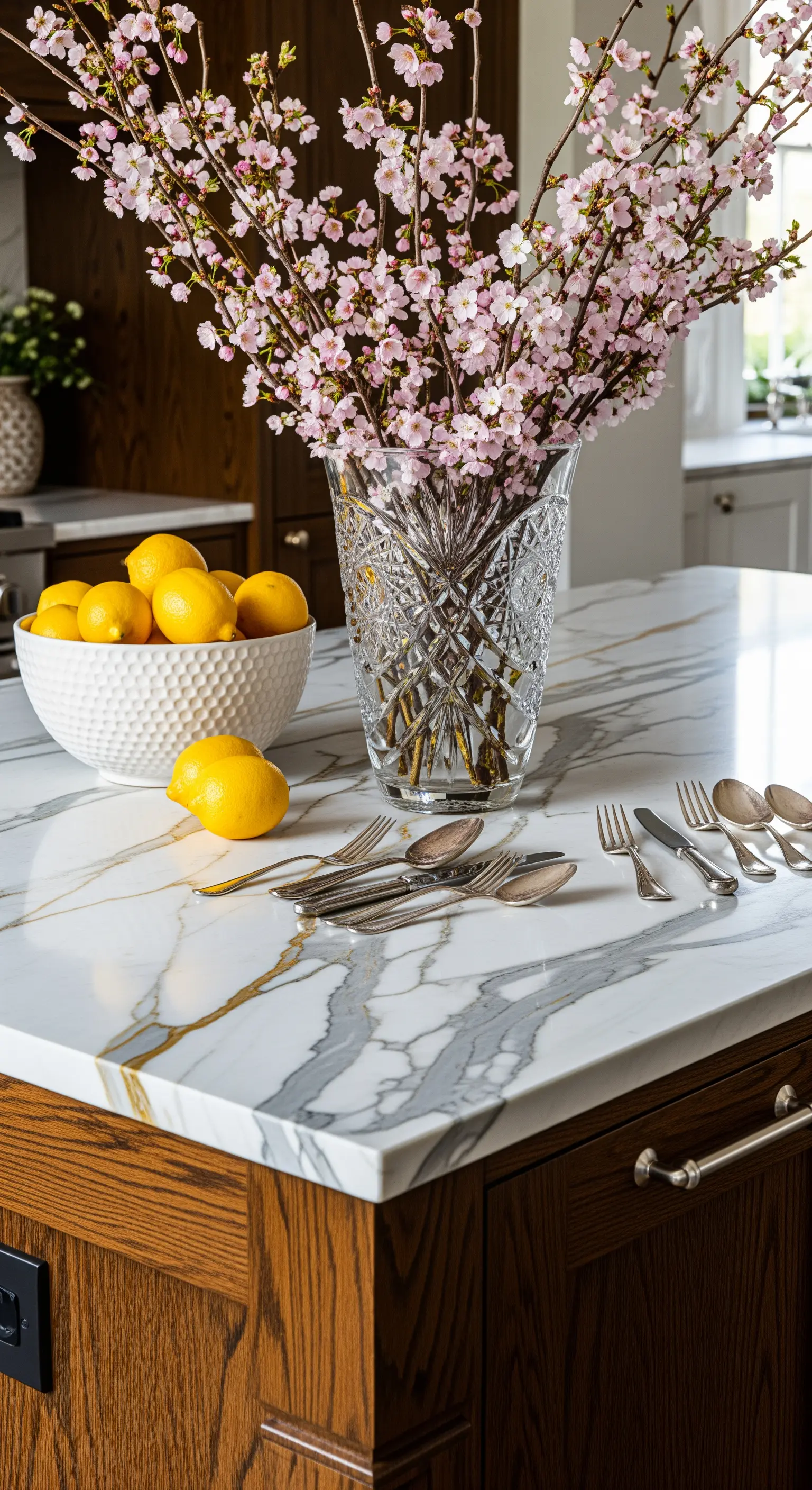 Kirschblüten in Kristallvase und Zitronen auf Marmorkücheninsel