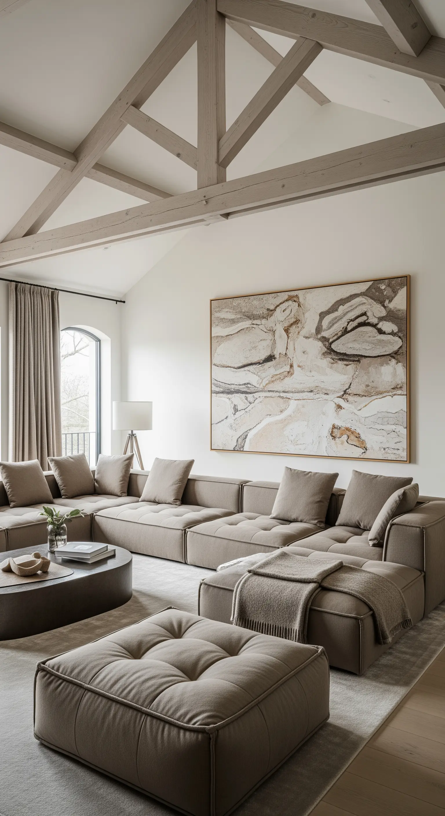 Großes Wohnzimmer mit modularem Sofa, abstraktem Bild und Deckenbalken