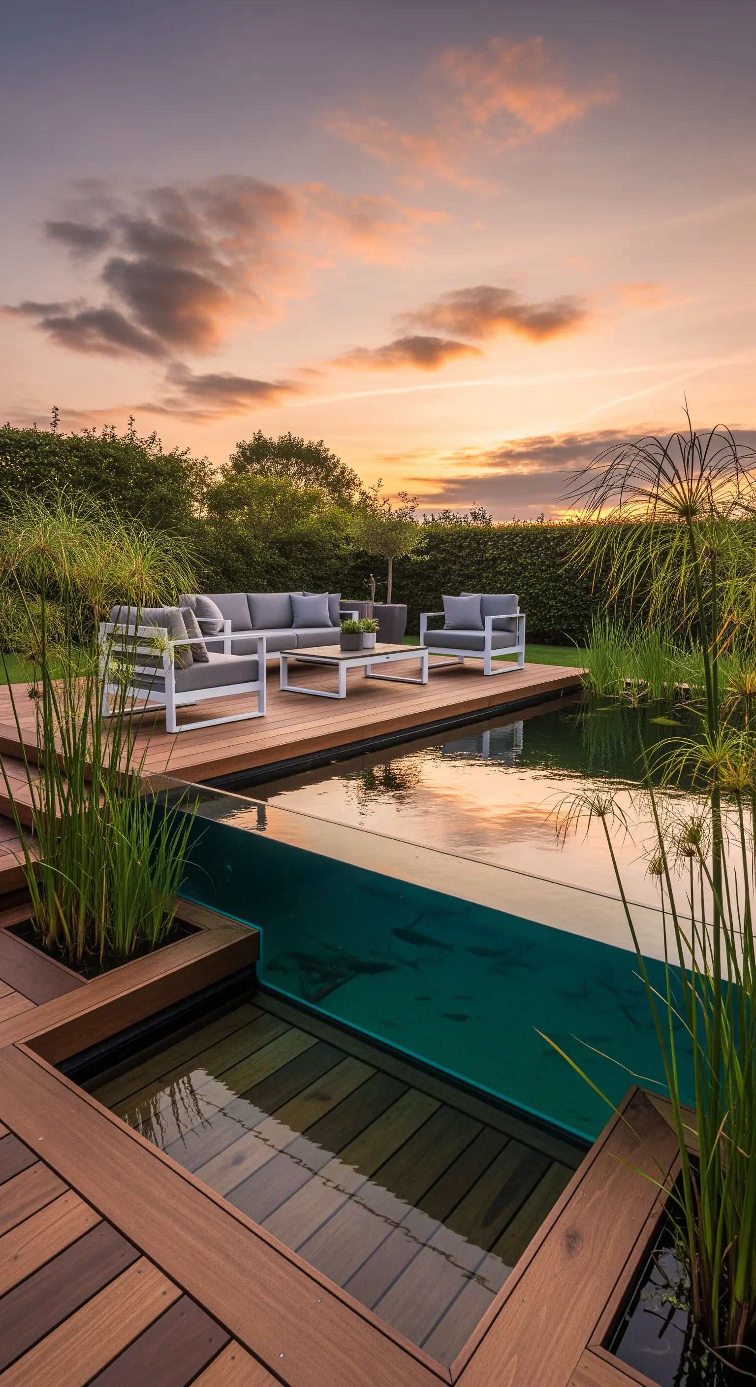 Moderne Outdoor-Lounge auf Holzdeck am Natur-Schwimmteich bei Sonnenuntergang