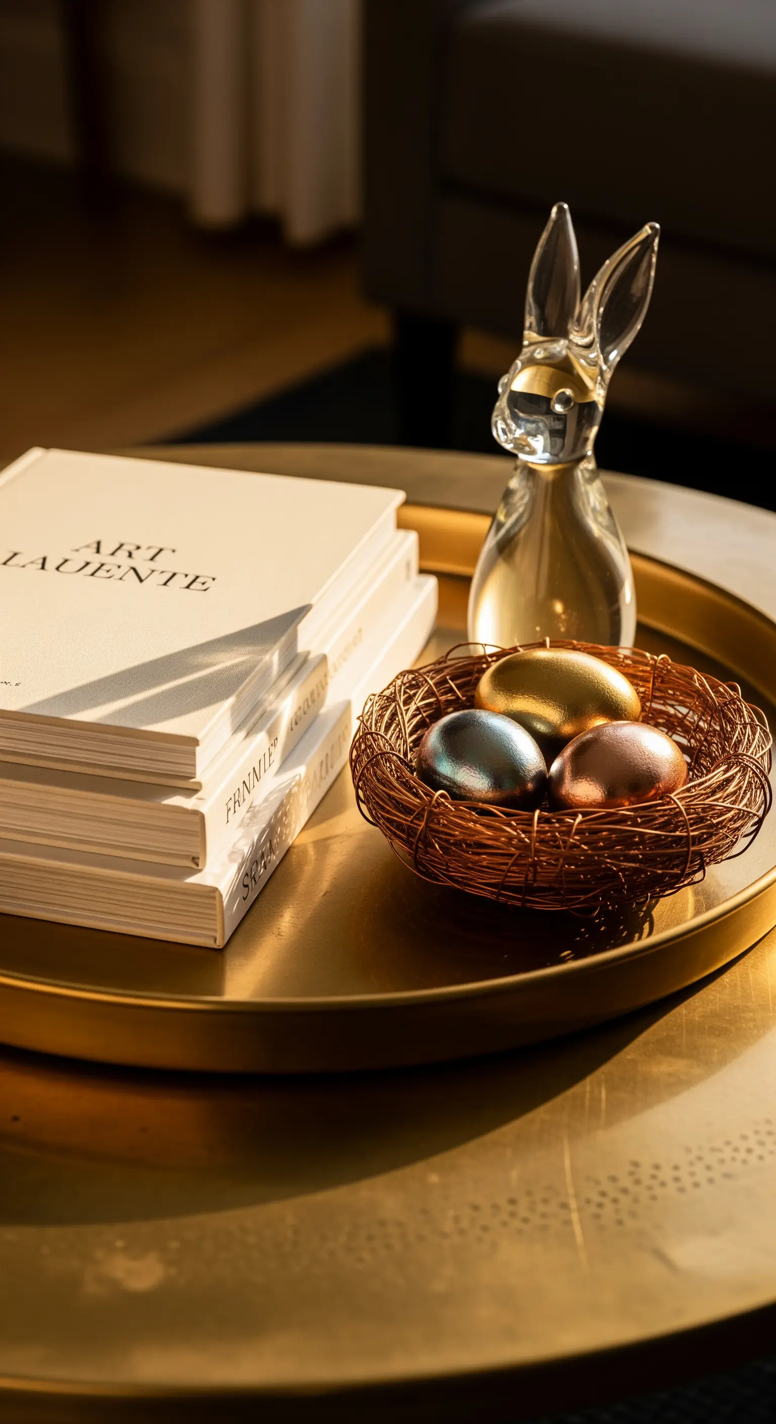 Goldene Platte mit Büchern, Glas-Hase und metallischen Ostereiern in Drahtnest