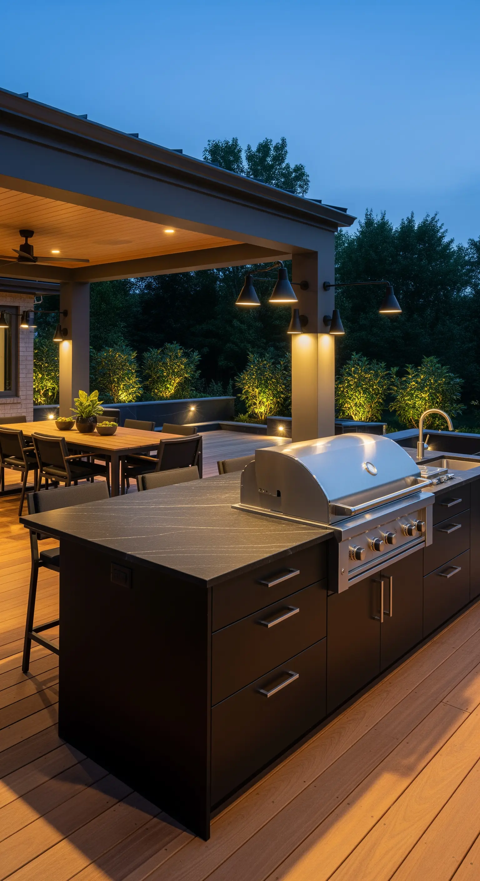 Luxuriöse Outdoor-Küche mit schwarzer Insel, überdachtem Essbereich und stimmungsvoller Beleuchtung