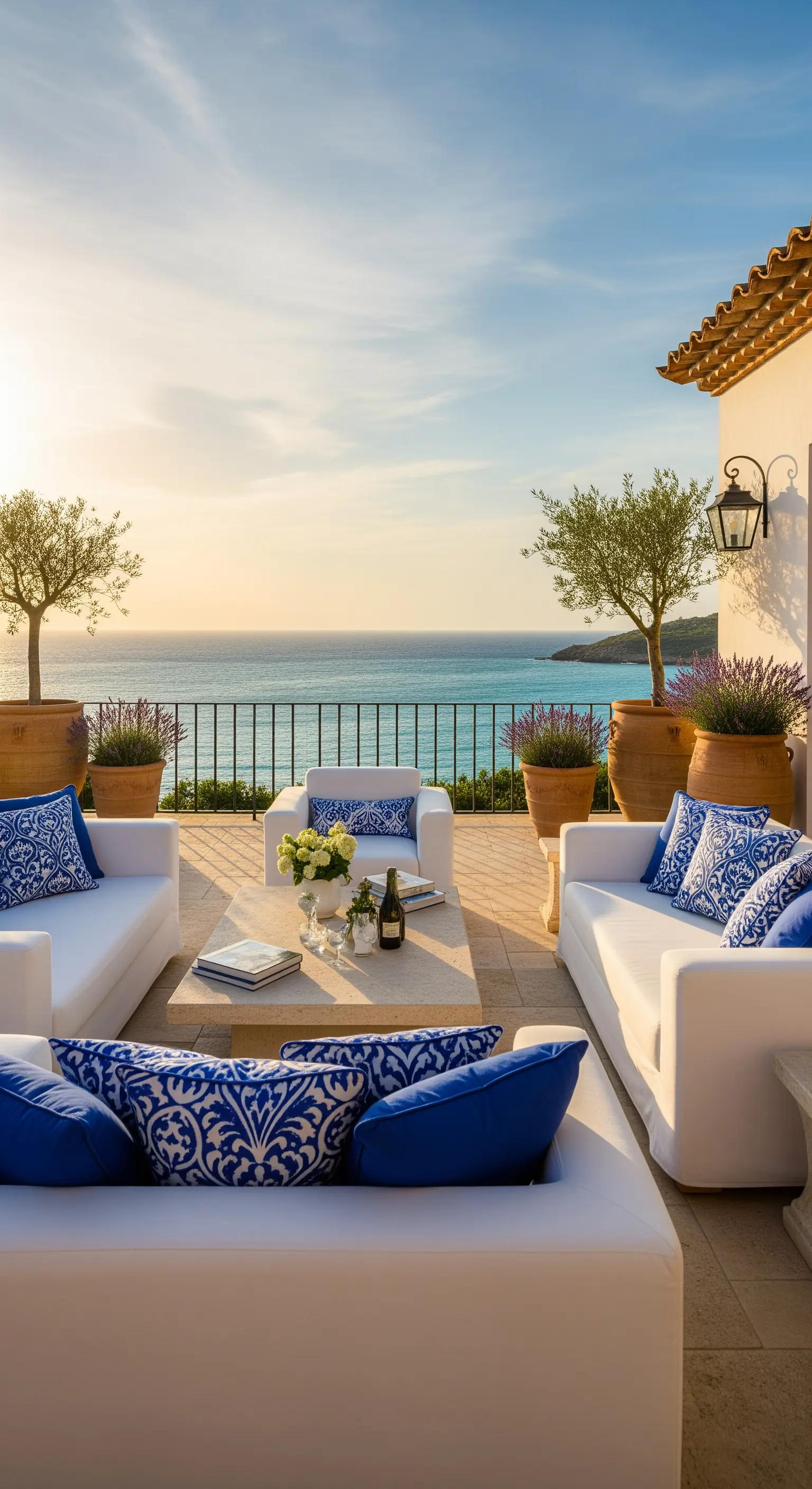 Outdoor-Lounge mit weißen Sofas, blauen Kissen und Meerblick bei Sonnenuntergang