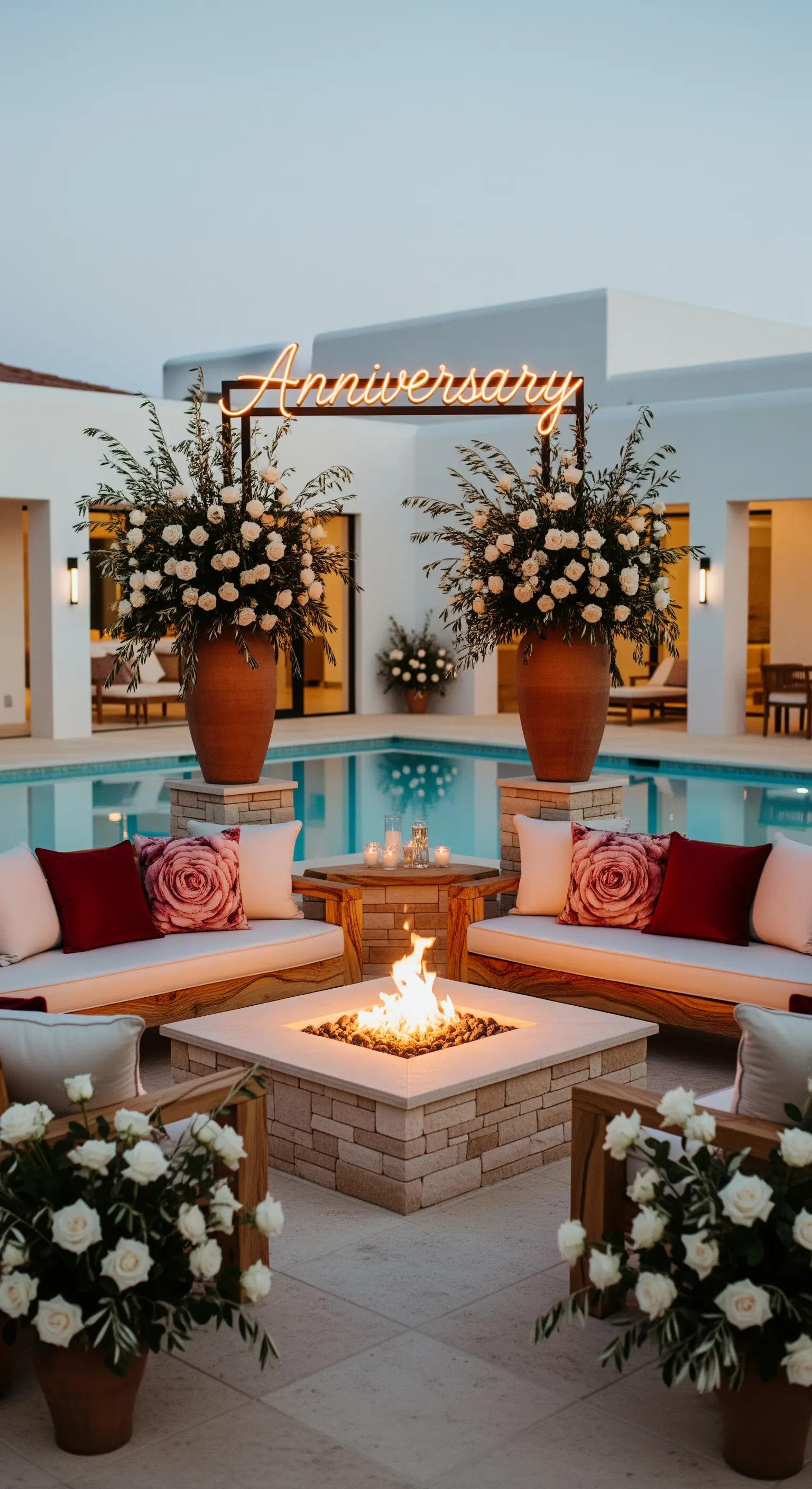 Pool-Lounge mit Statement-Blumen, Feuerplatz und Neon-Anniversary-Schild