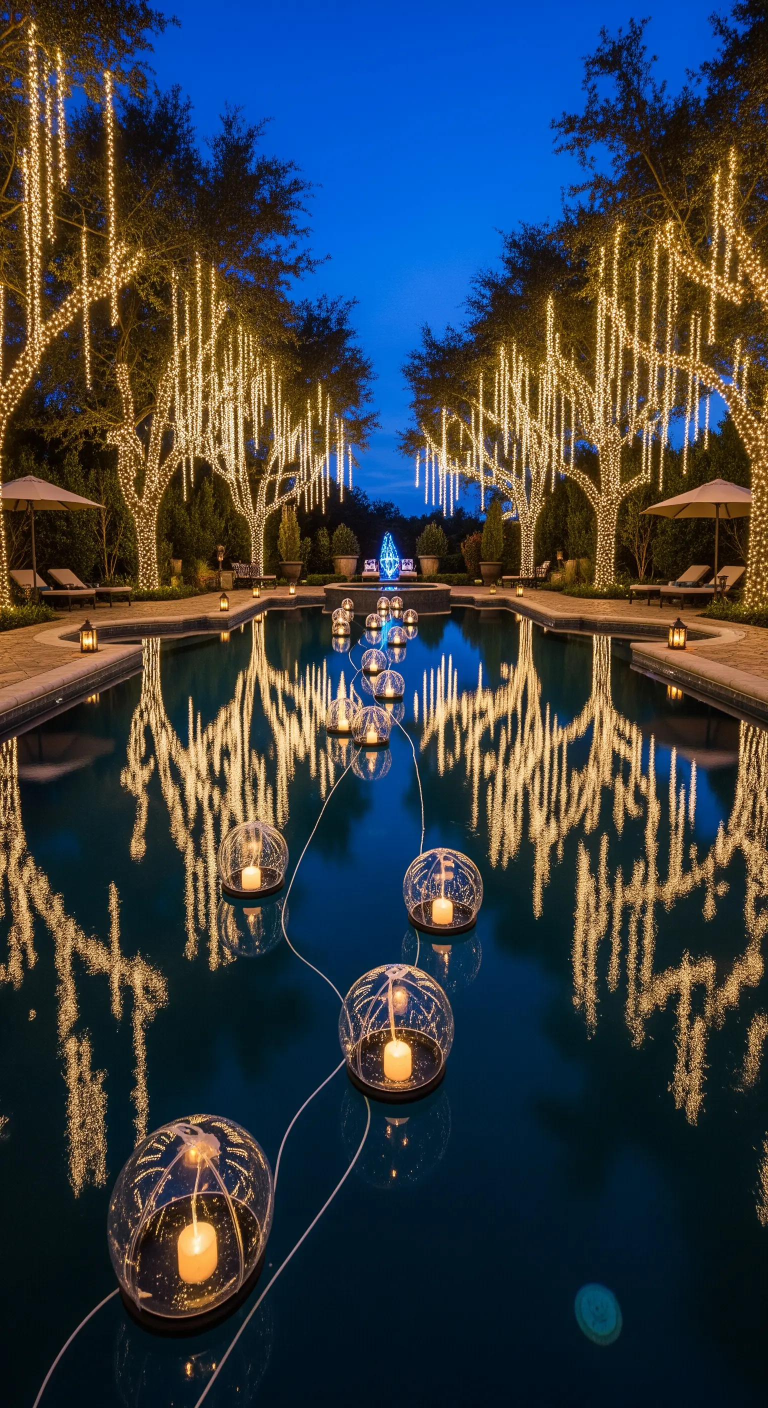 Poolbereich mit Bäumen, die in Lichterketten gehüllt sind, und schwimmenden Kerzen in Glaskugeln.