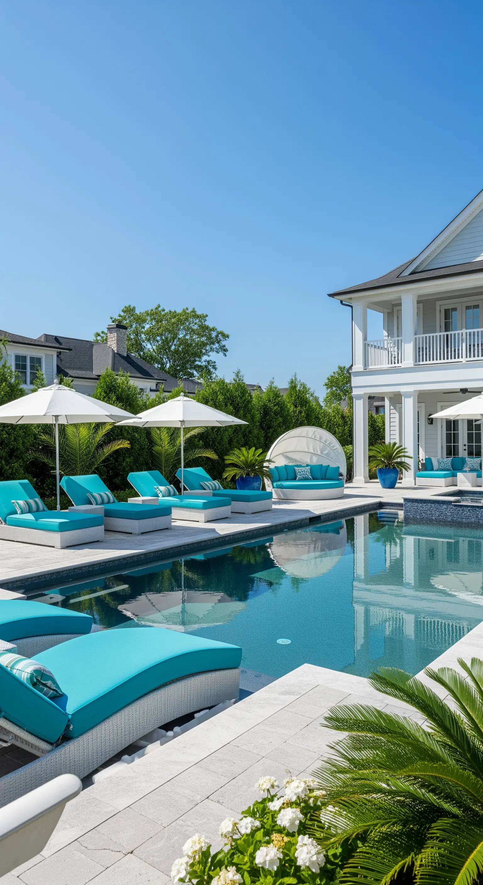Luxuriöse Poollandschaft mit türkisen Liegen, weißen Sonnenschirmen und Meerblick