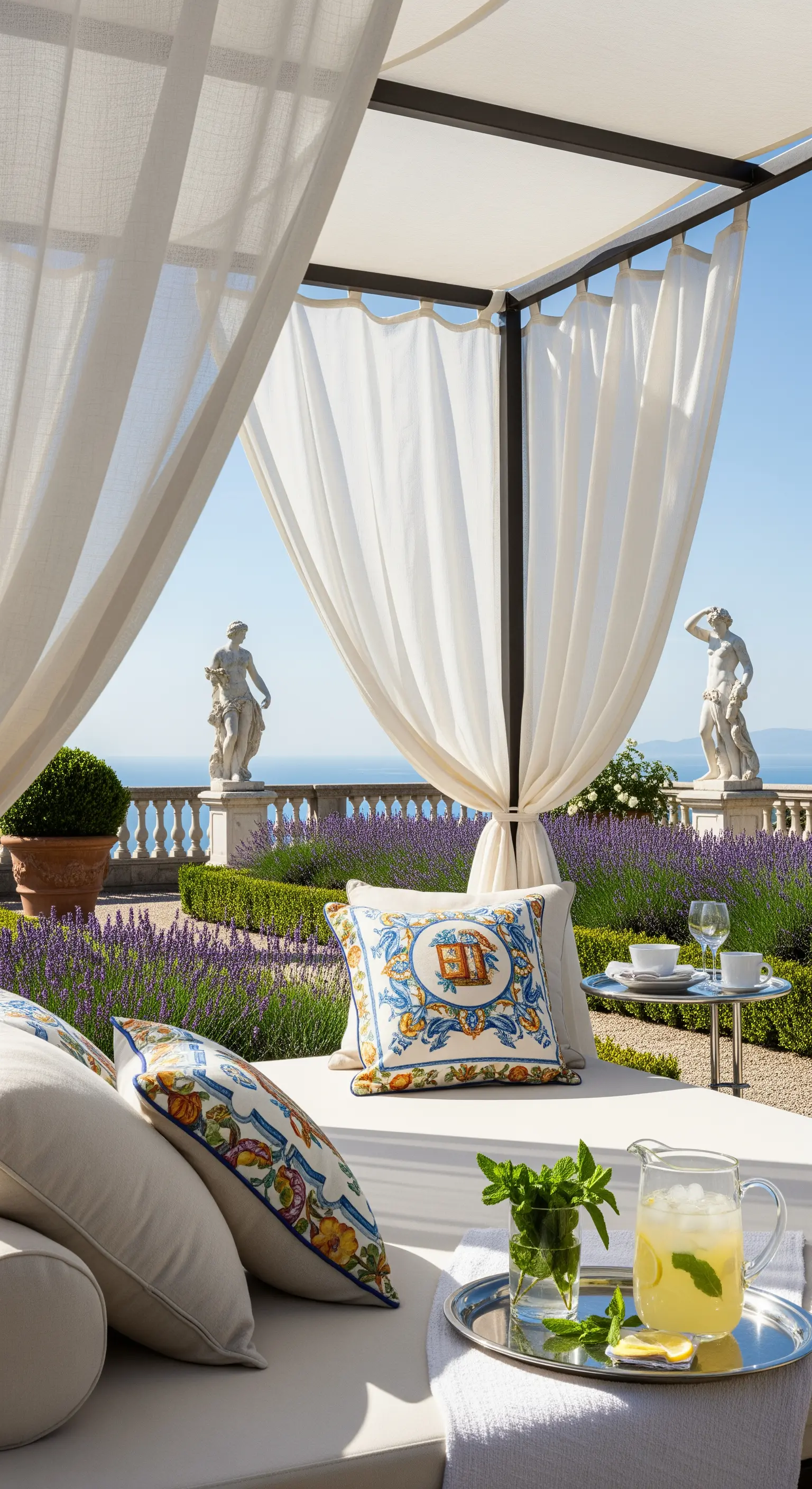 Himmelbett-Lounge in Lavendelgarten mit Meerblick und Statuen