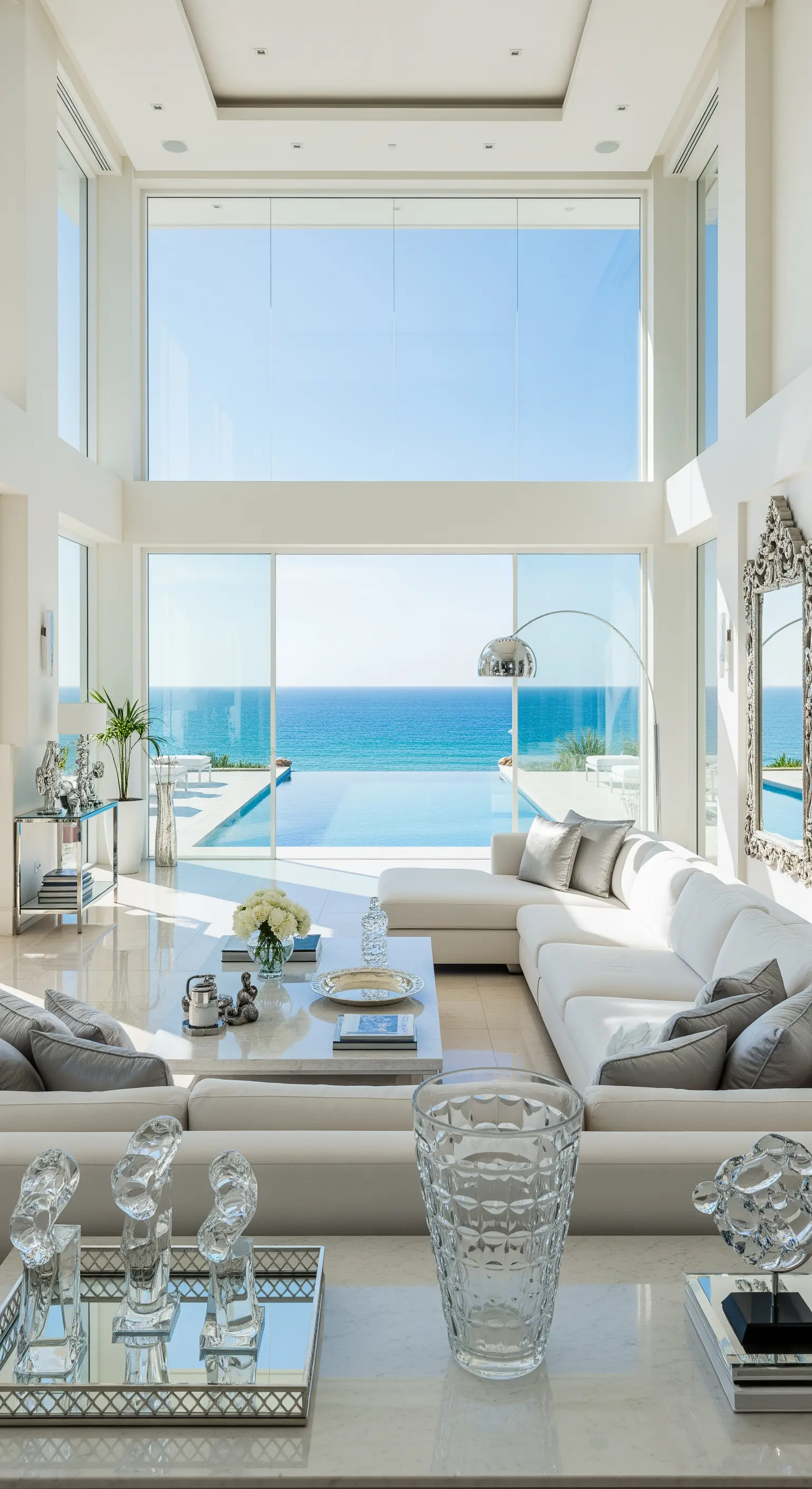 Luxuriöses Wohnzimmer, bodentiefe Fenster, Infinity-Pool, Meerblick, weiße Möbel