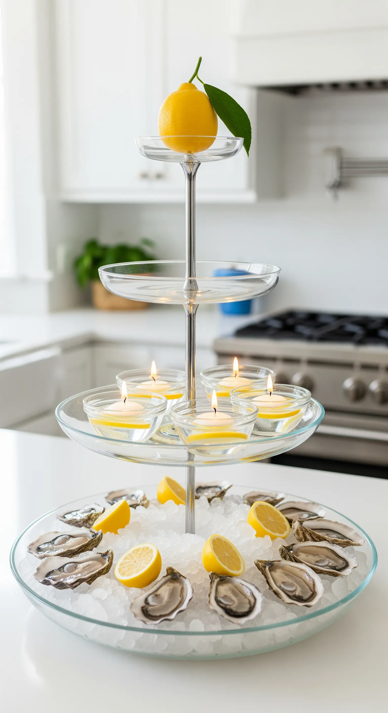 Glas-Etagere als Seafood-Bar mit Austern auf Eis, Zitronen und schwimmenden Kerzen.