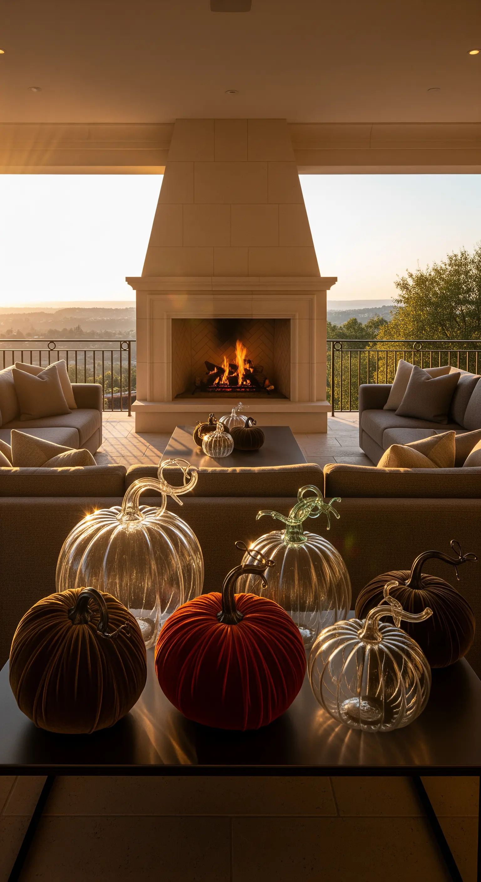 Luxuriöse Outdoor-Lounge, Kamin, Glas- und Samtkürbisse als Deko
