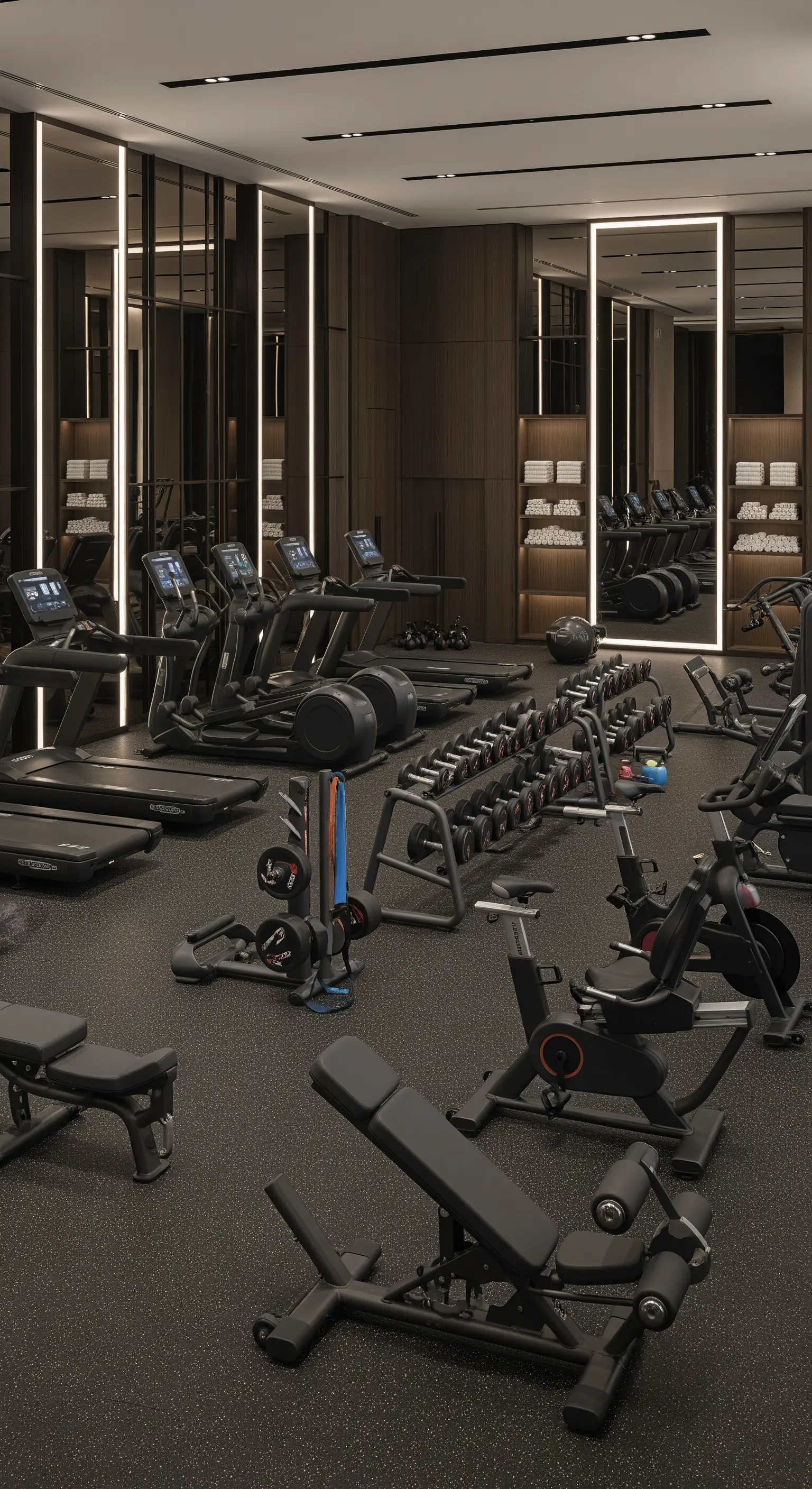 Home-Gym mit Spiegelwänden, Holzpaneelen und dunklen Fitnessgeräten