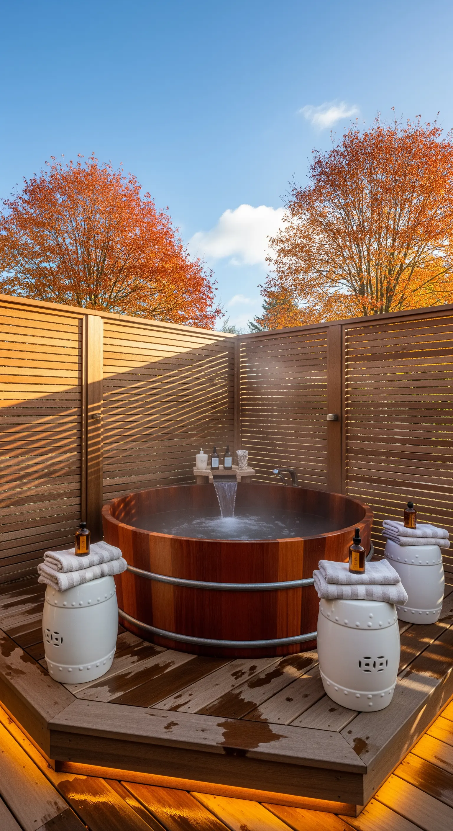 Holz Hot Tub im Japandi-Stil mit Sichtschutz und Keramikhockern