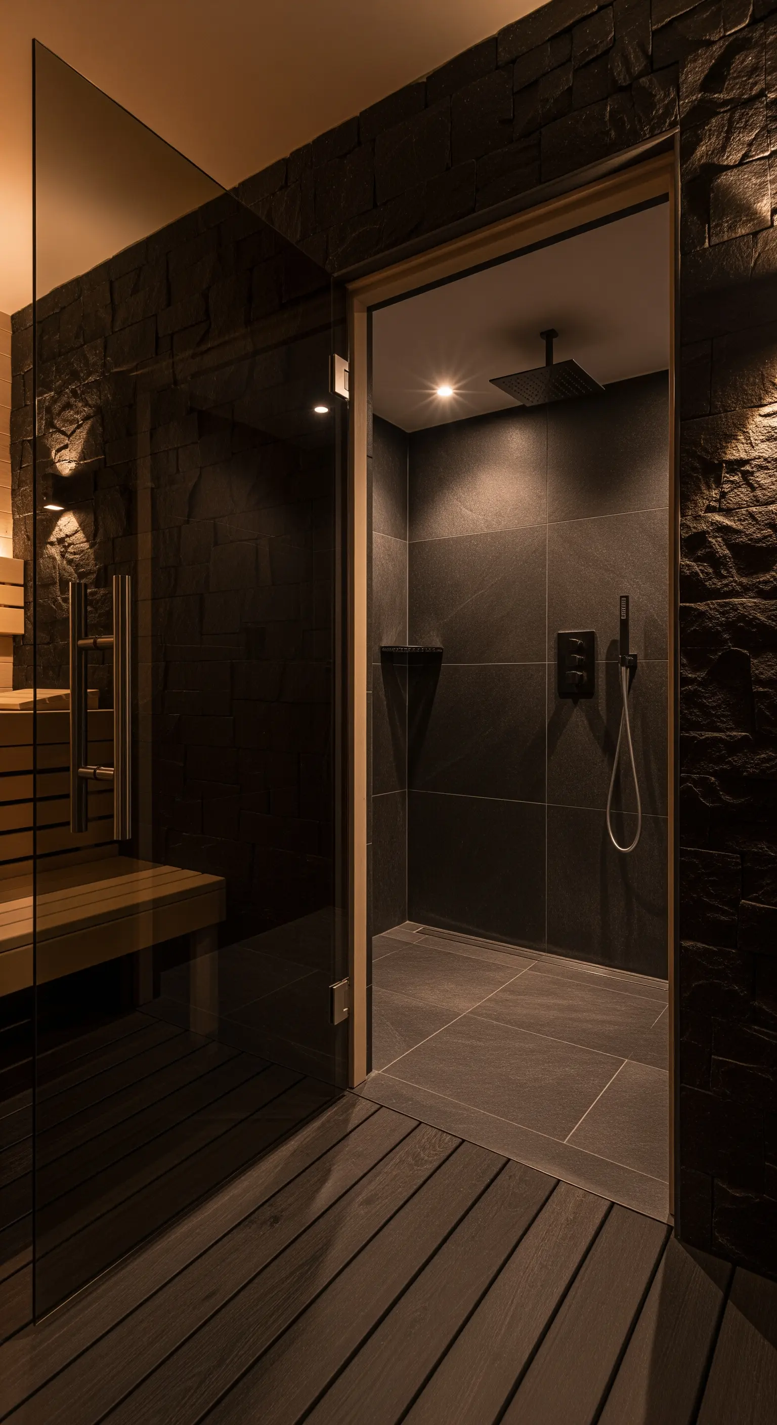 Luxuriöser Duschbereich mit dunklen Natursteinwänden, Glasabtrennung und Regendusche