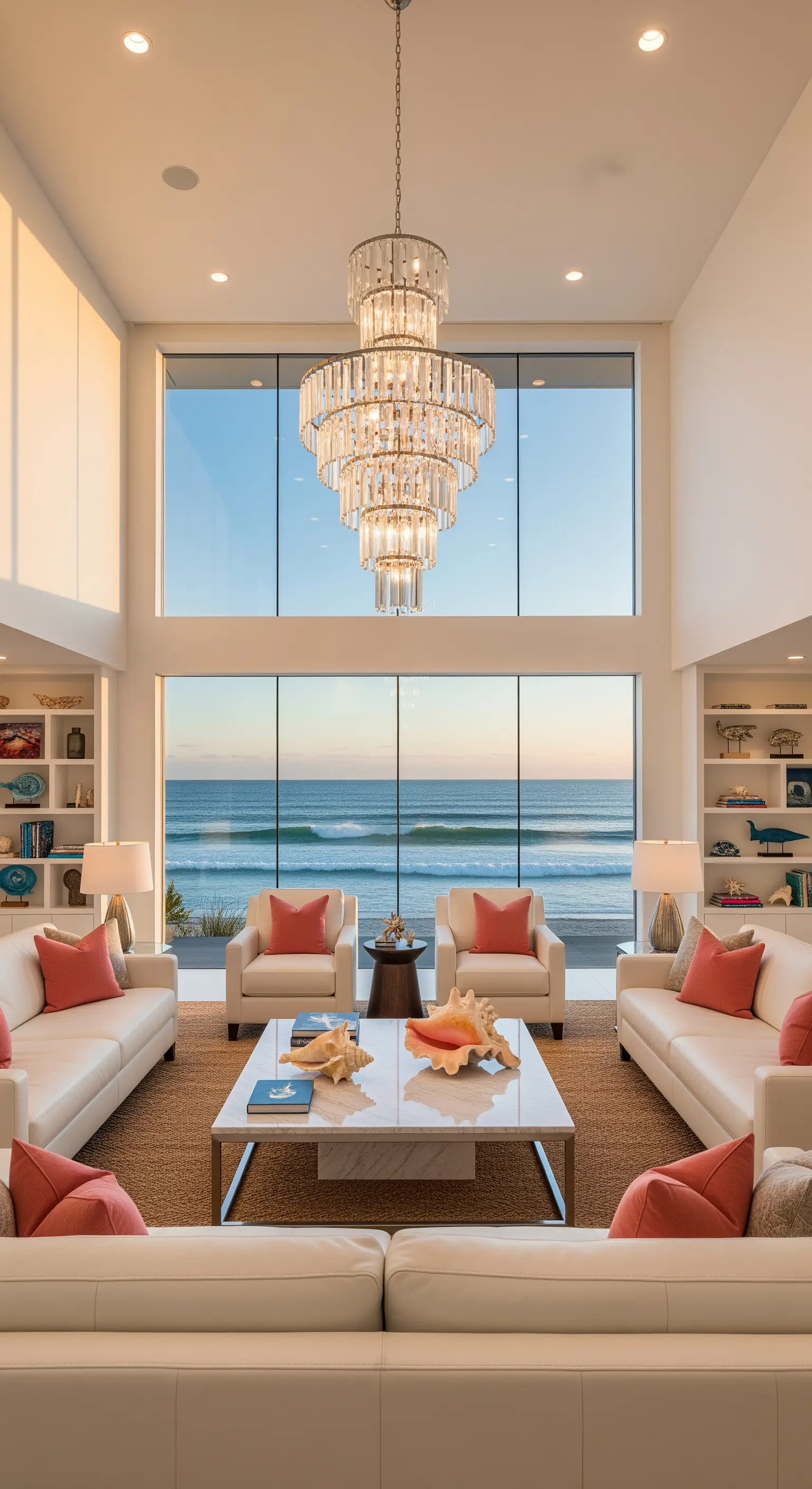 Luxuriöses Wohnzimmer mit Meerblick, Kronleuchter, weißen Sofas und Korallenkissen.