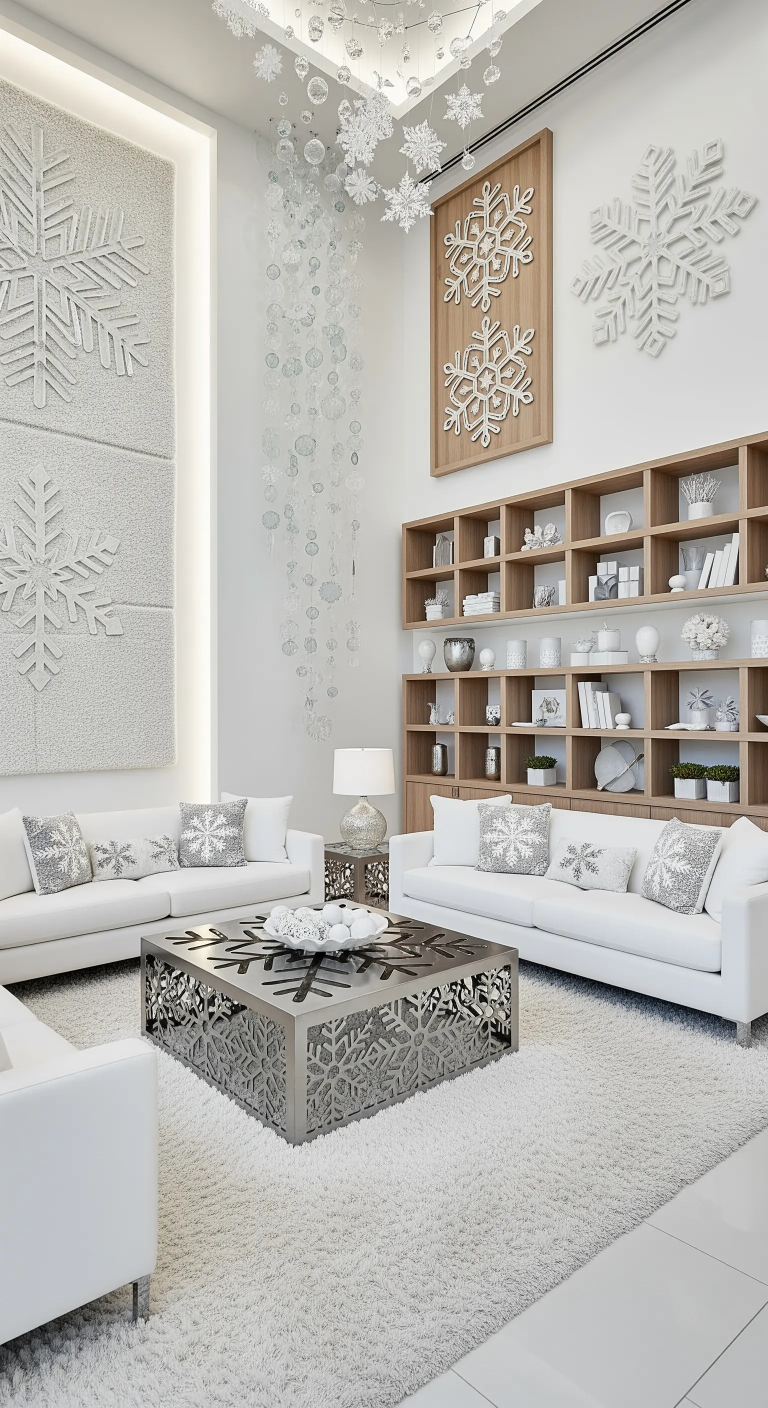 Luxuriöses weißes Wohnzimmer mit Schneeflocken-Wandpaneelen, gemustertem Couchtisch und weißen Sofas