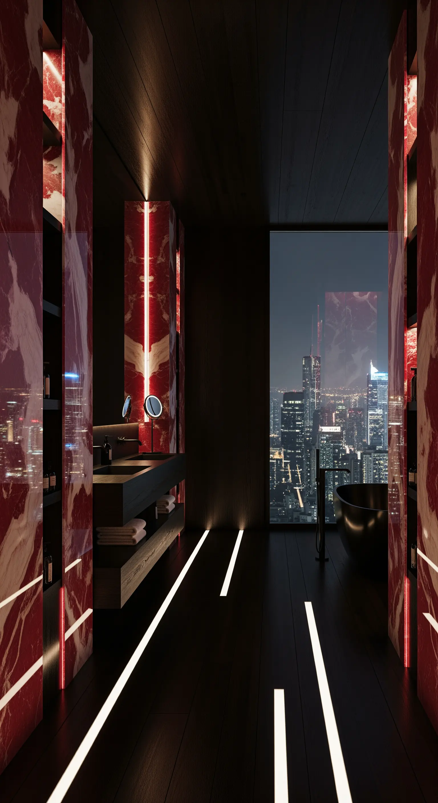 Rote Onyx-Wände, lineare Lichtstreifen, City-View, schwarze Badewanne