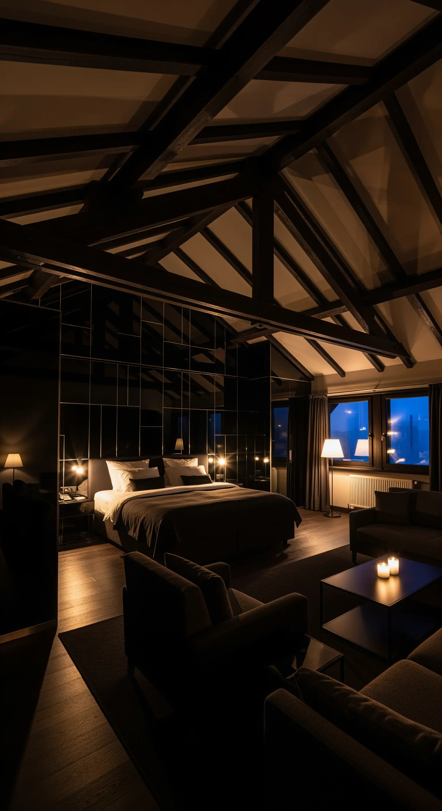 Dachgeschoss-Schlafzimmer mit Holzbalken, Spiegelwand und Lounge-Bereich