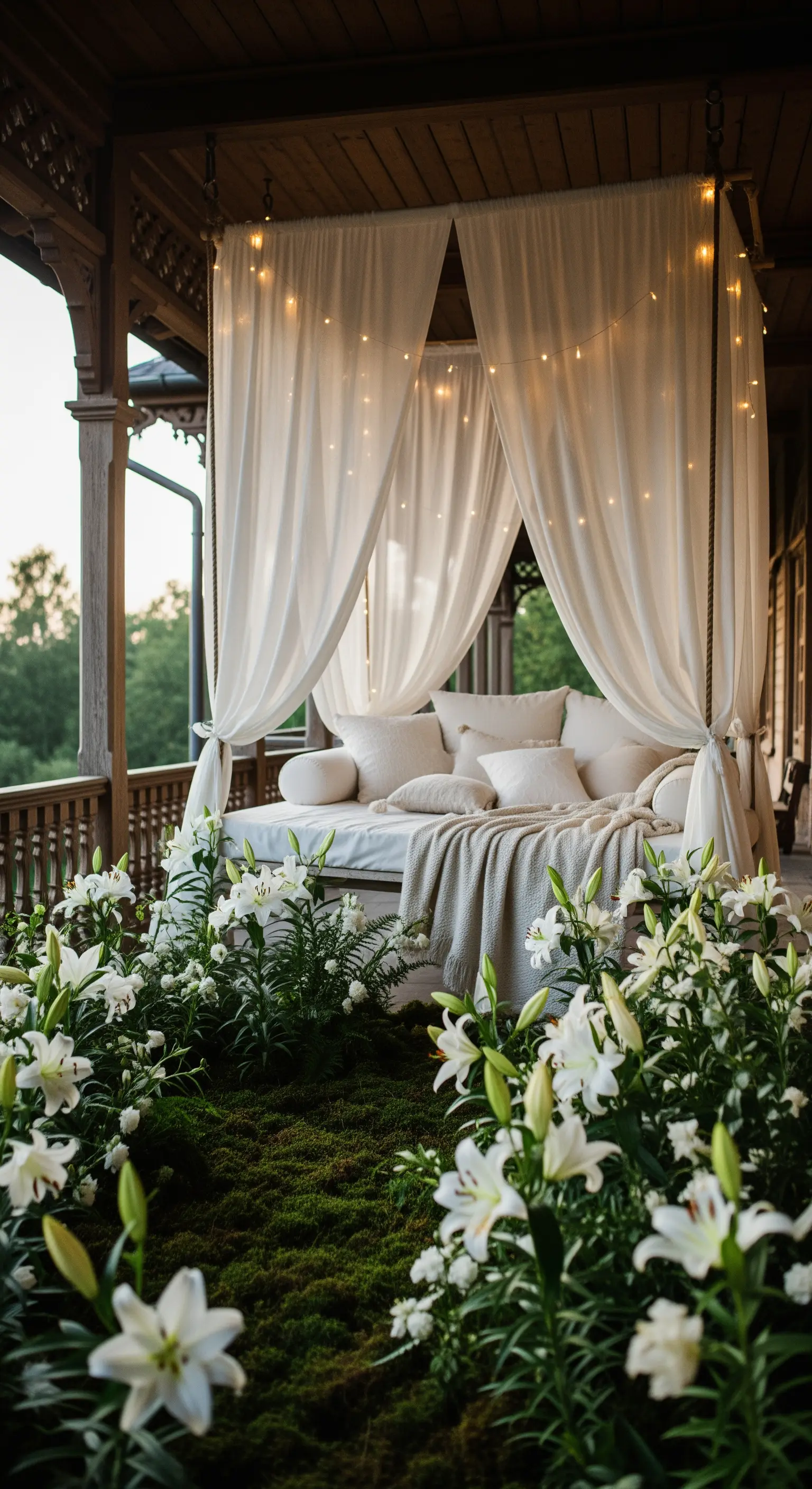 Himmelbett auf Veranda mit Vorhängen, Lichterketten und weißen Lilien