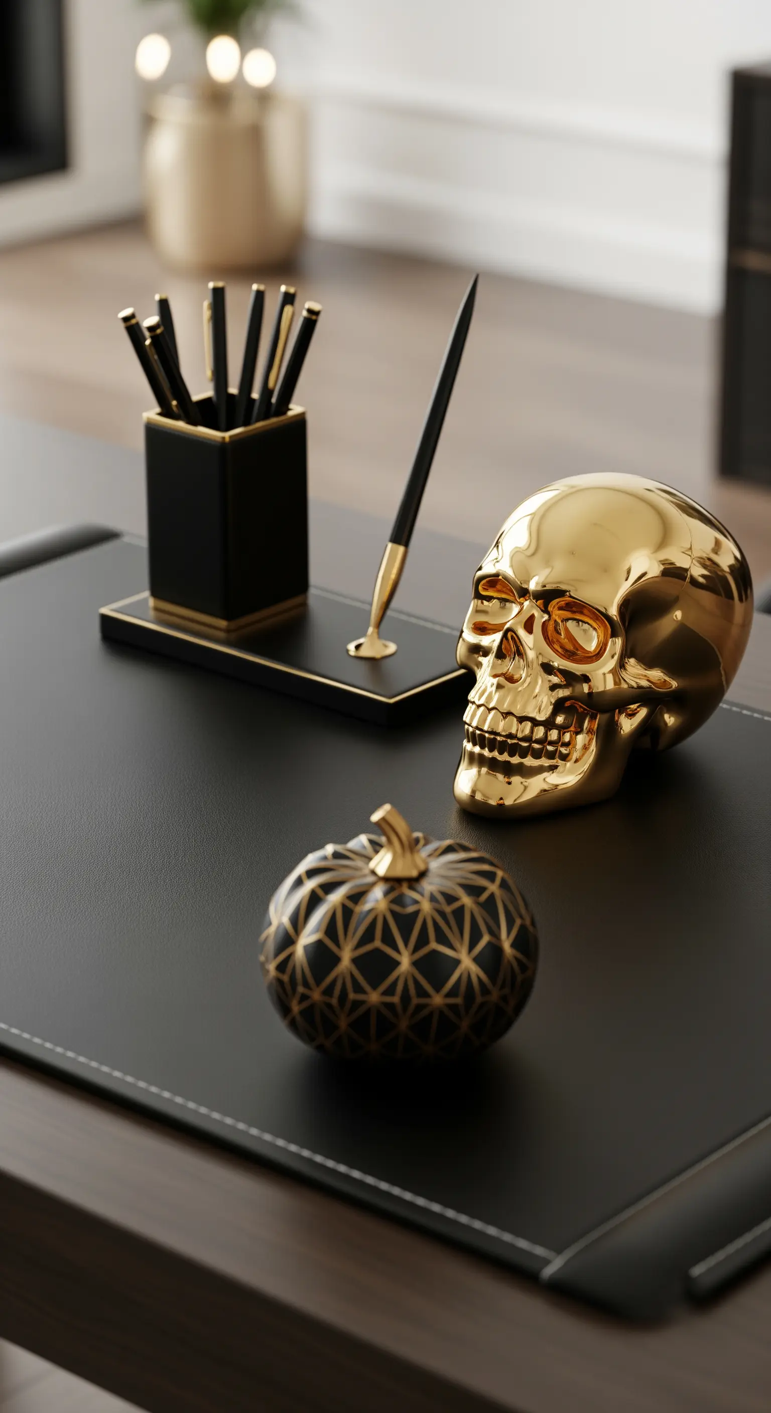 Schreibtisch mit goldenem Totenkopf, schwarzer Unterlage und Kürbis