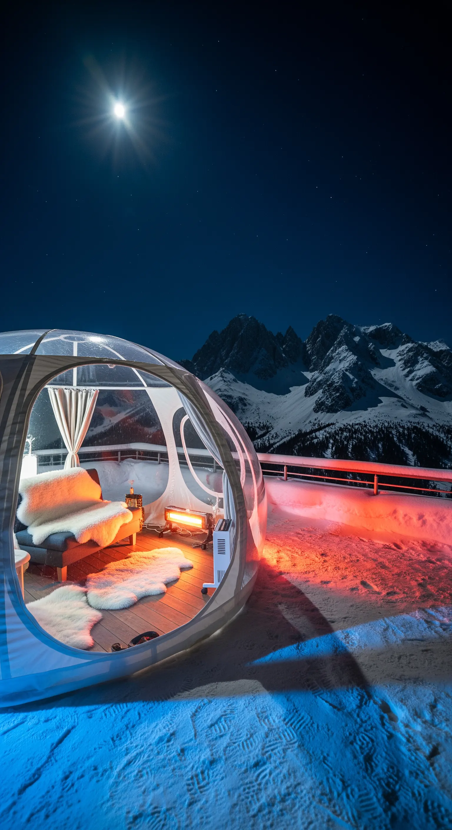 Transparenter Igloo mit Fellen und Heizung in verschneiter Berglandschaft.
