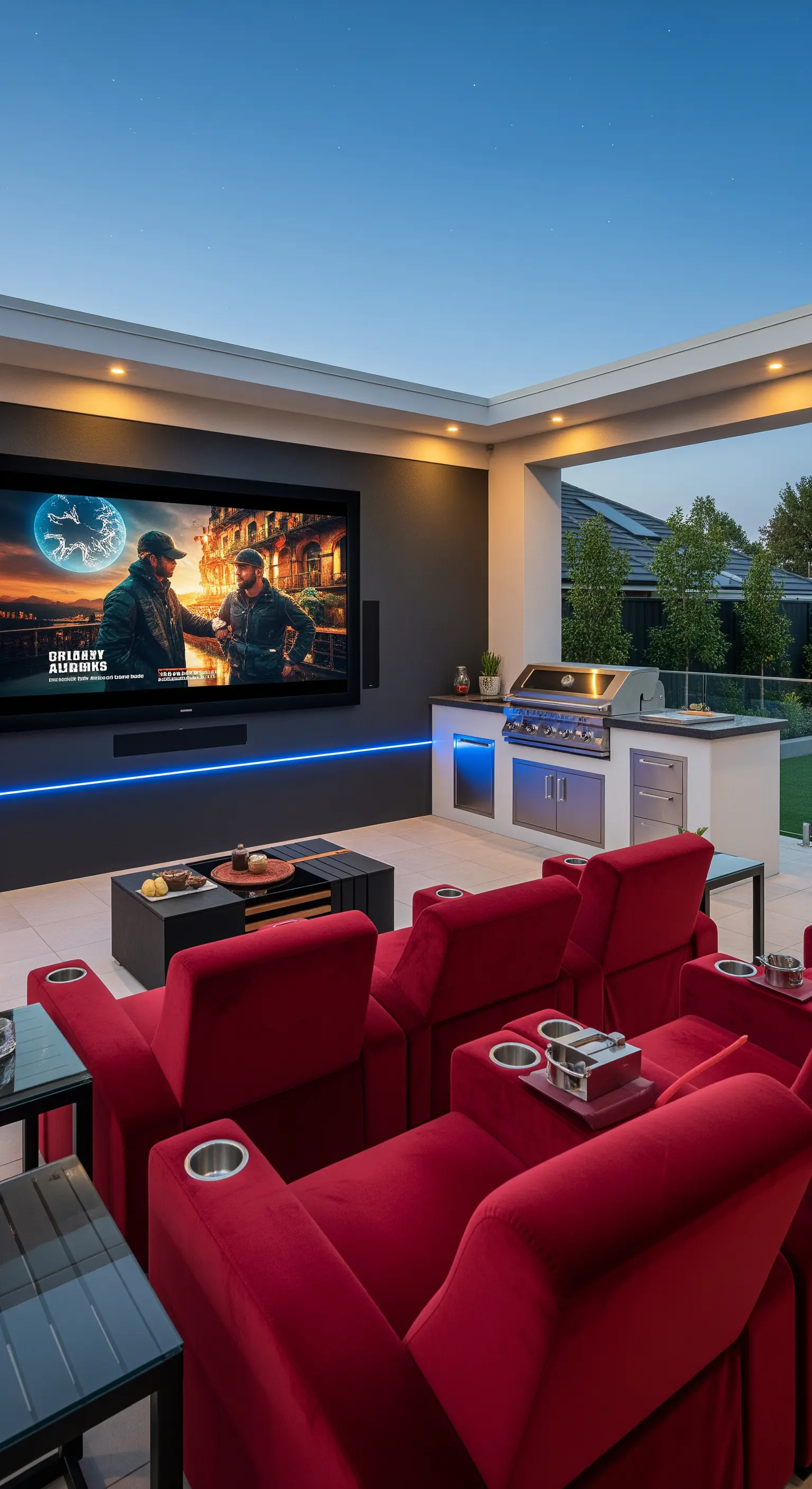 Exklusives Outdoor-Kino mit rotem Samt-Reclinern, großer Leinwand und integriertem Grill
