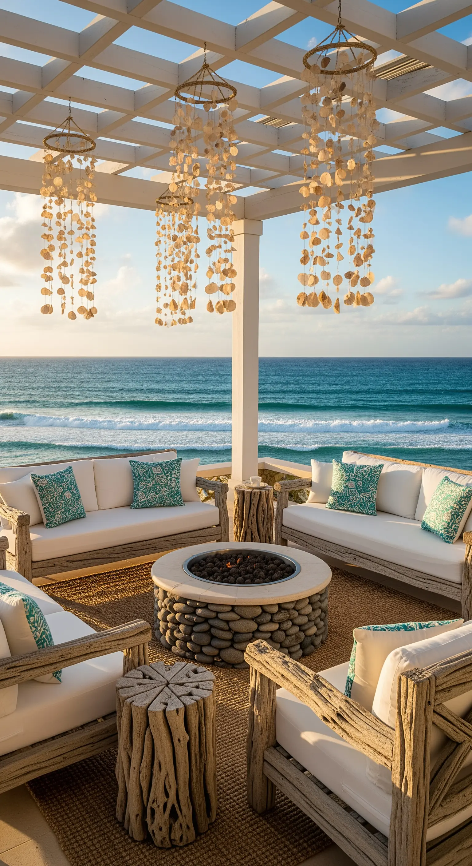 Meerblick-Terrasse mit Muschel-Kronleuchtern und Feuerstelle