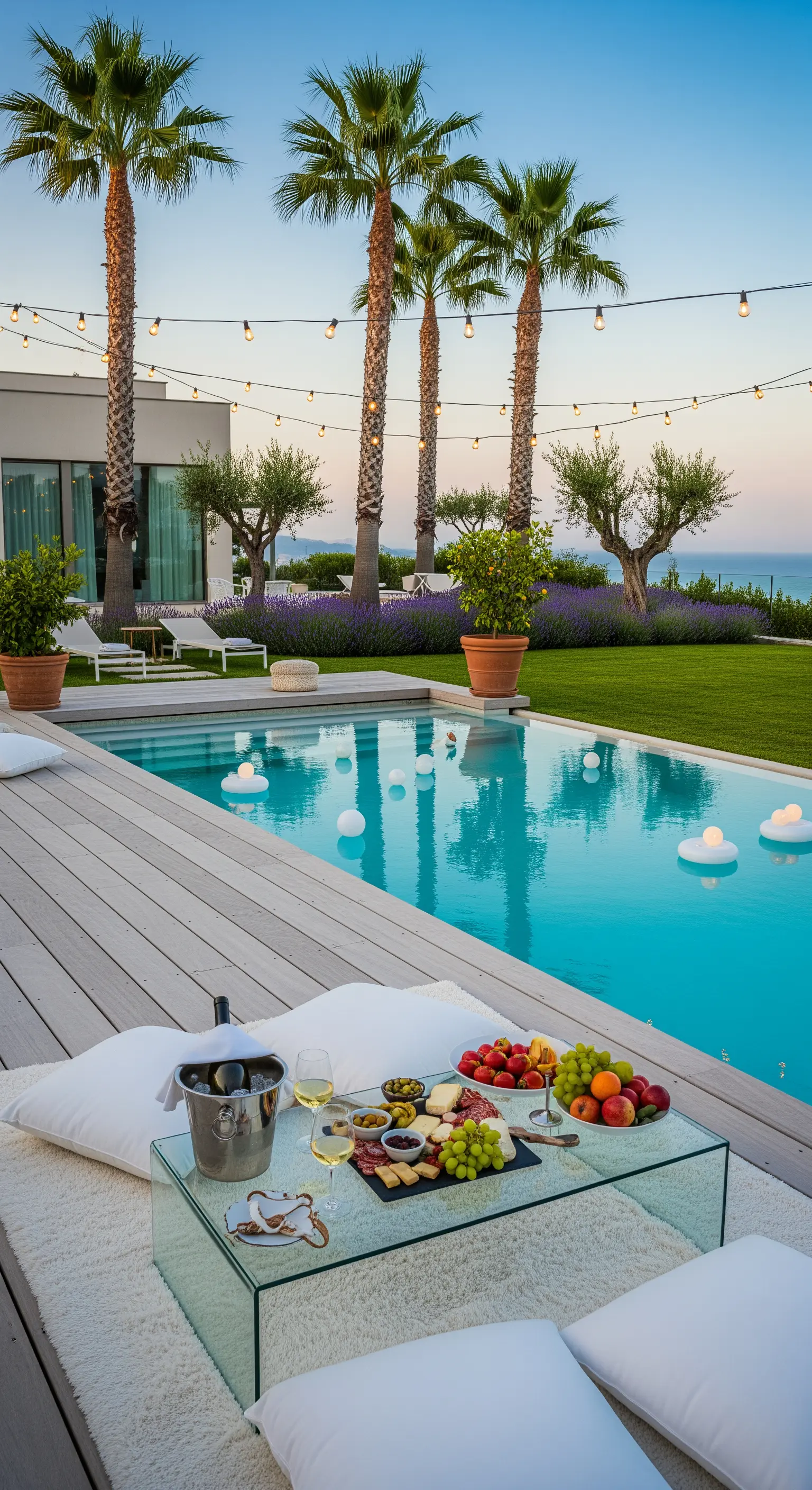 Luxuriöses Poolside-Picknick mit weißen Kissen, Glastisch und Palmen mit Lichterketten