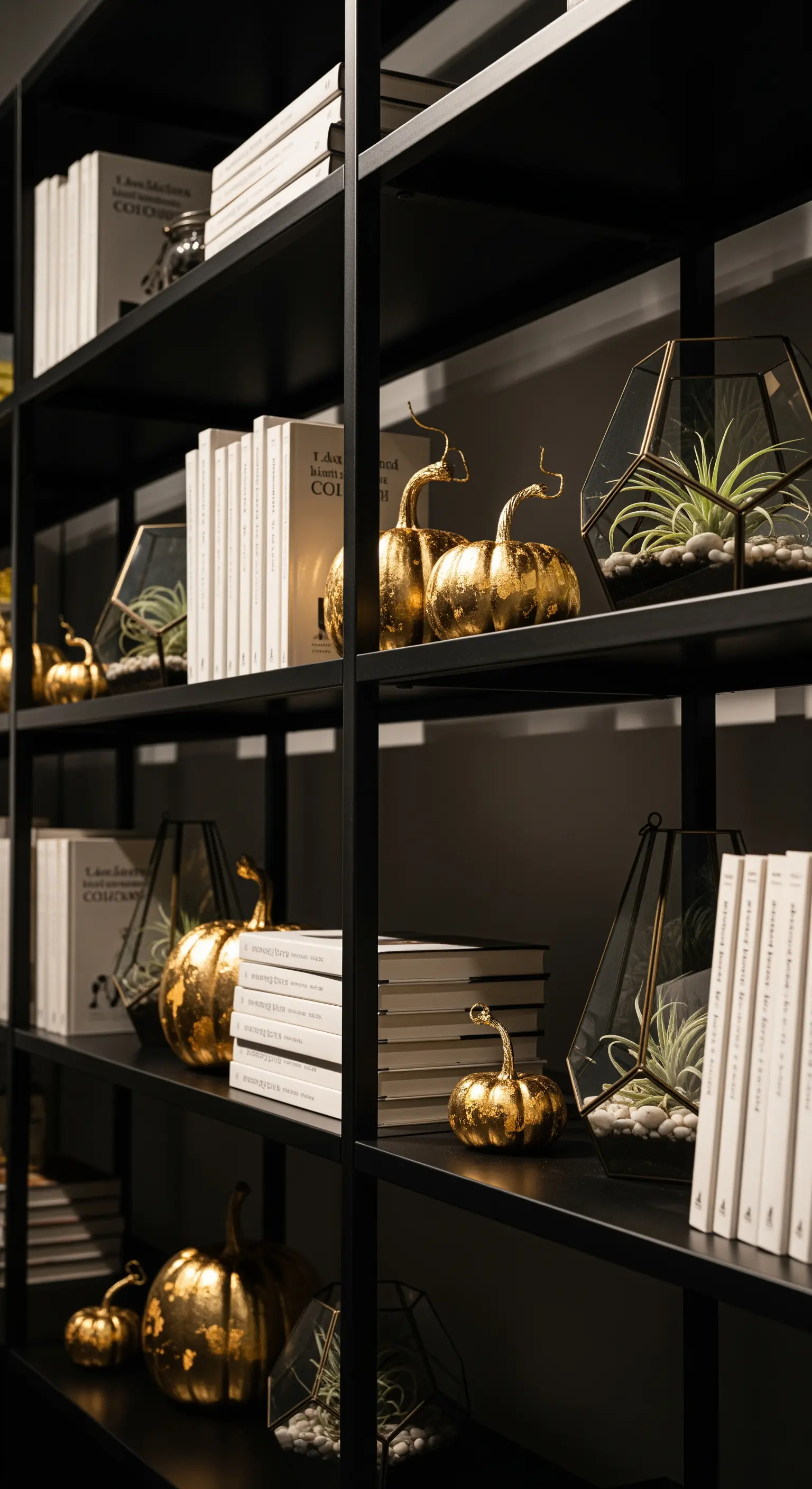 Bücherregal mit goldenen Kürbissen und geometrischen Pflanzgefäßen