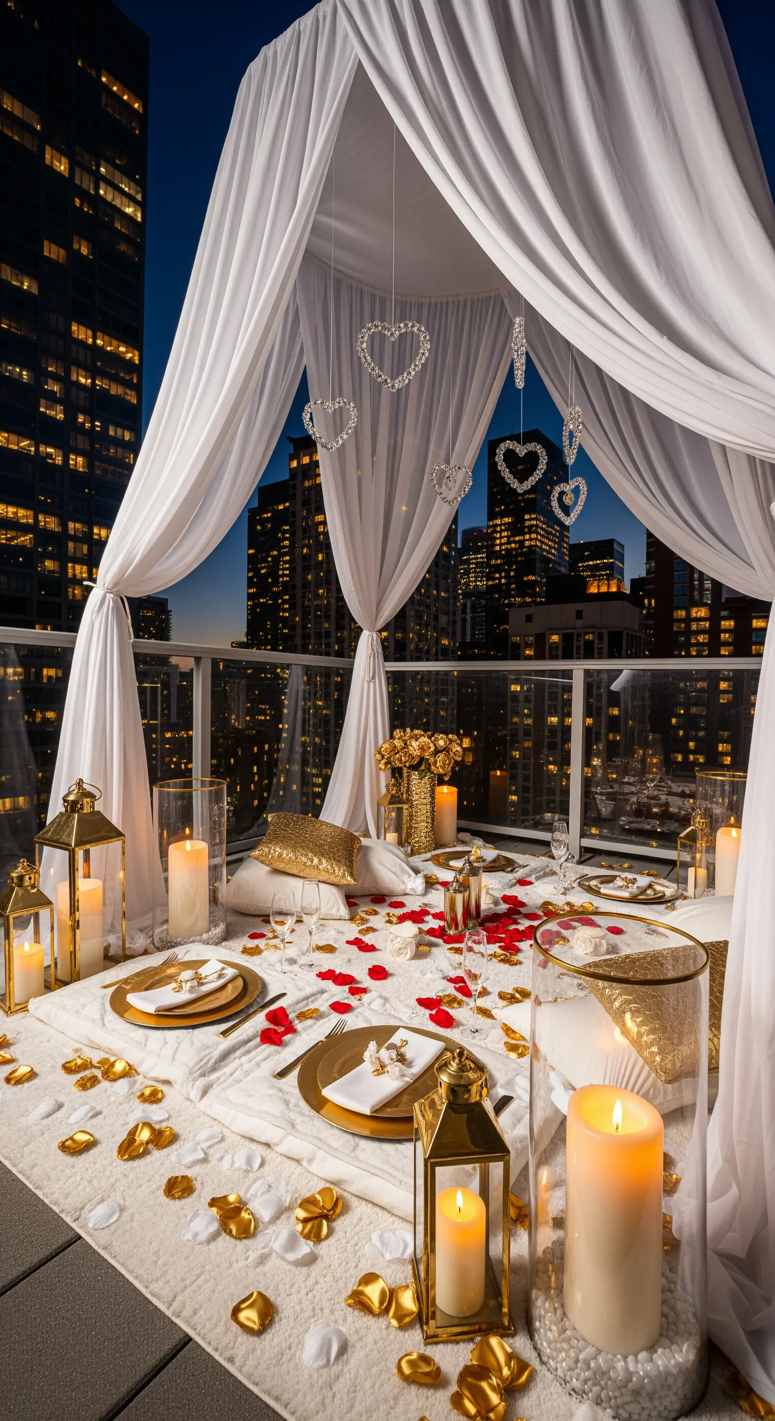 Glamouröses Rooftop-Dinner mit Baldachin, goldener Deko und Stadtpanorama.