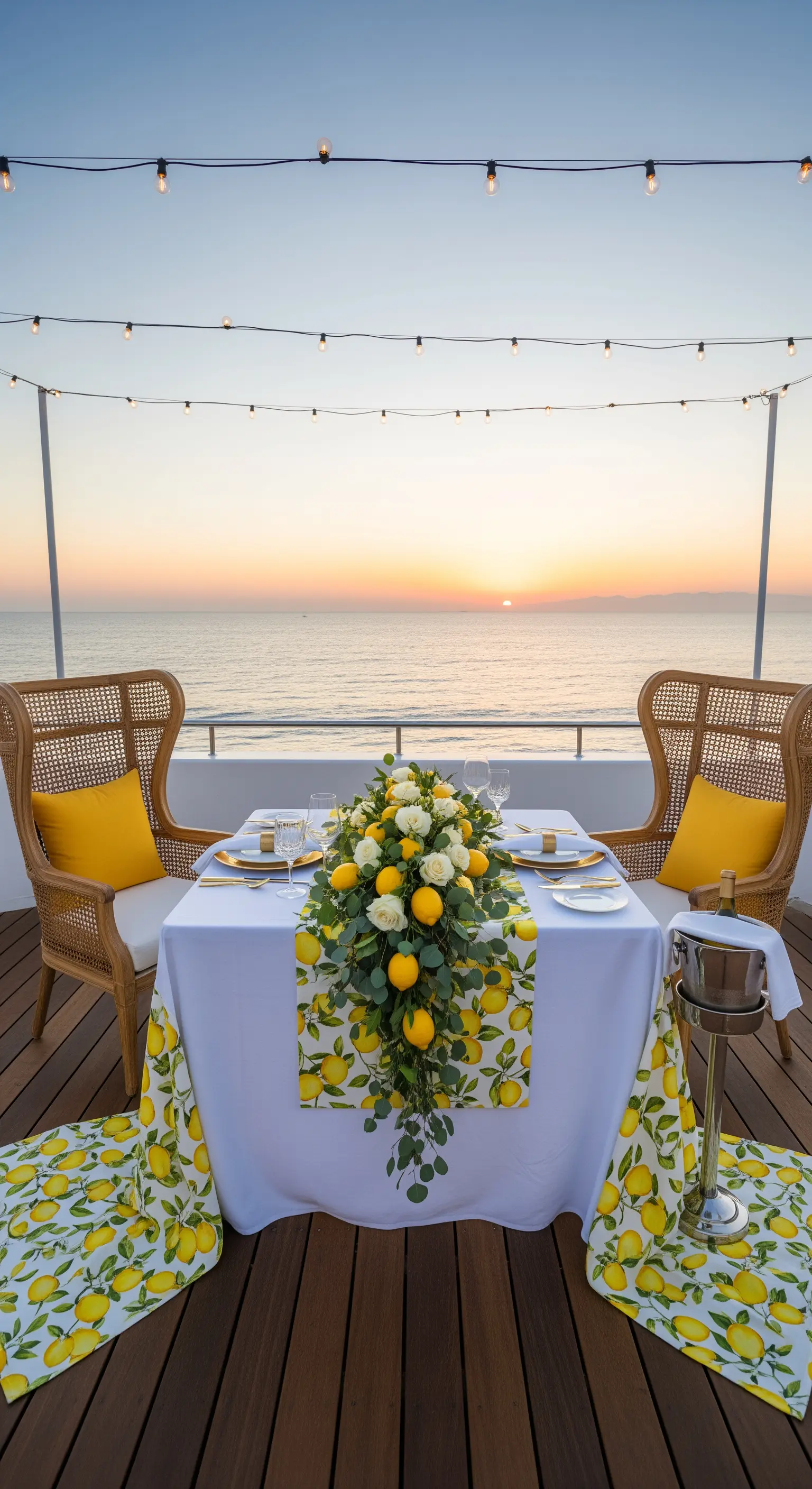 Rooftop-Tisch mit opulentem Blumenläufer aus Rosen und Zitronen, Meerblick
