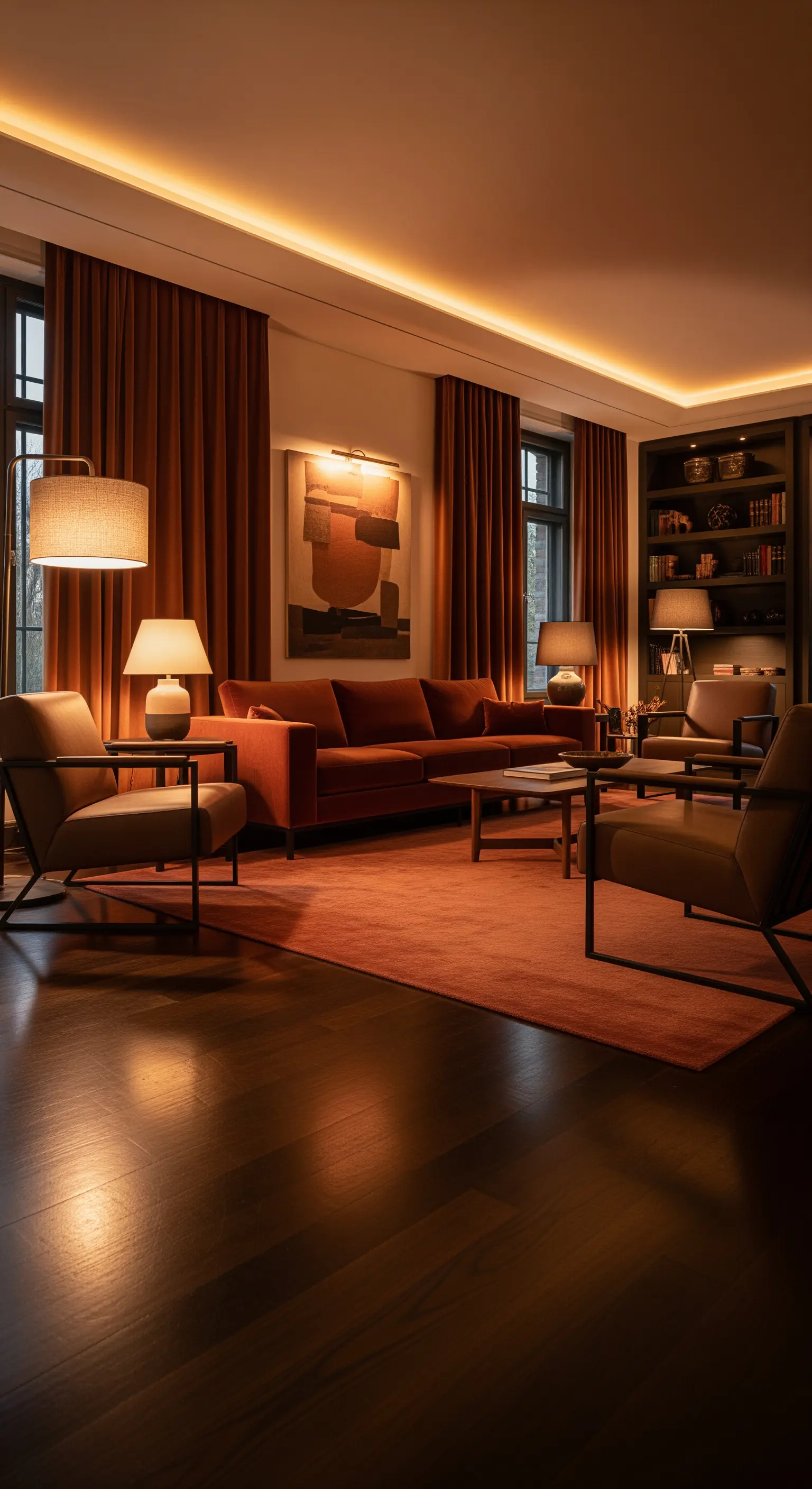 Luxuriöses Wohnzimmer mit Samtvorhängen, indirekter Beleuchtung und Rostrot-Sofa