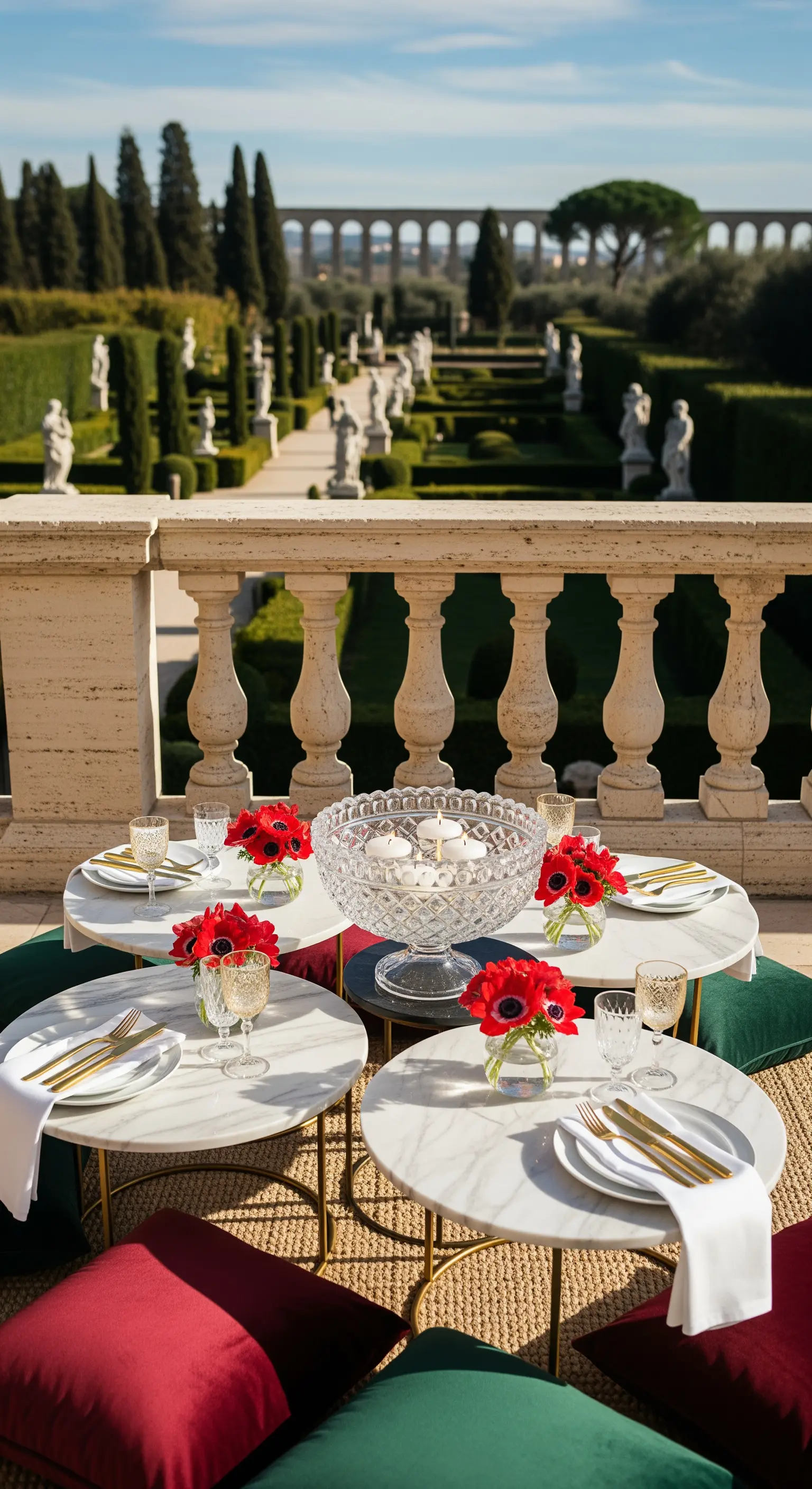 Marmortische mit roten Anemonen, Goldbesteck und Samtkissen auf einem Balkon mit Gartenblick.