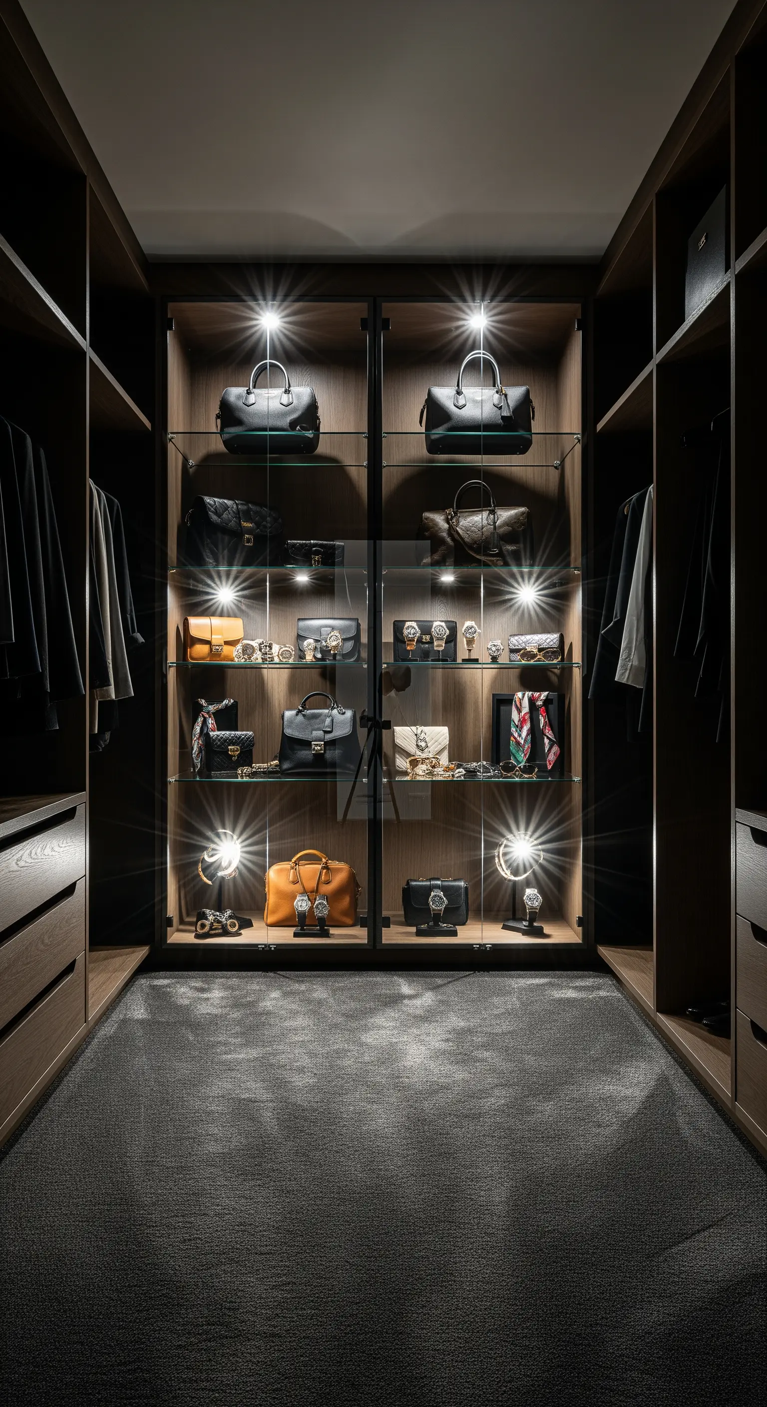 Beleuchtete Vitrinen in einem luxuriösen Ankleidezimmer mit Taschen und Accessoires