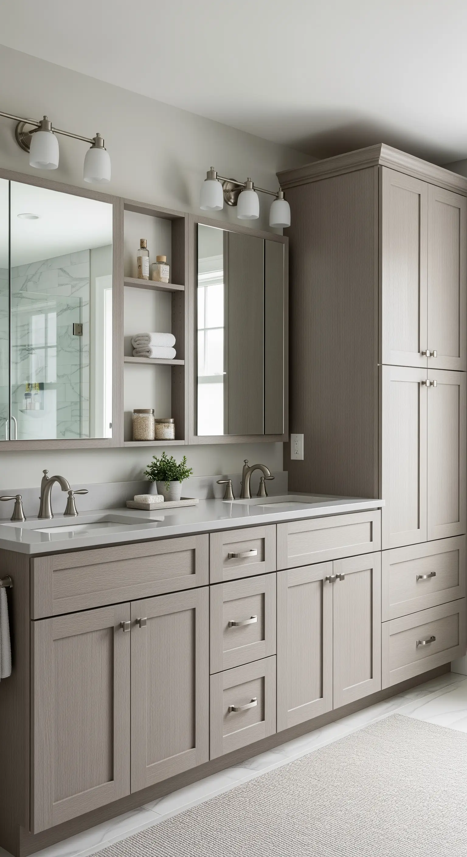 Große, eingebaute Waschtischeinheit in Hellgrau mit viel Stauraum.