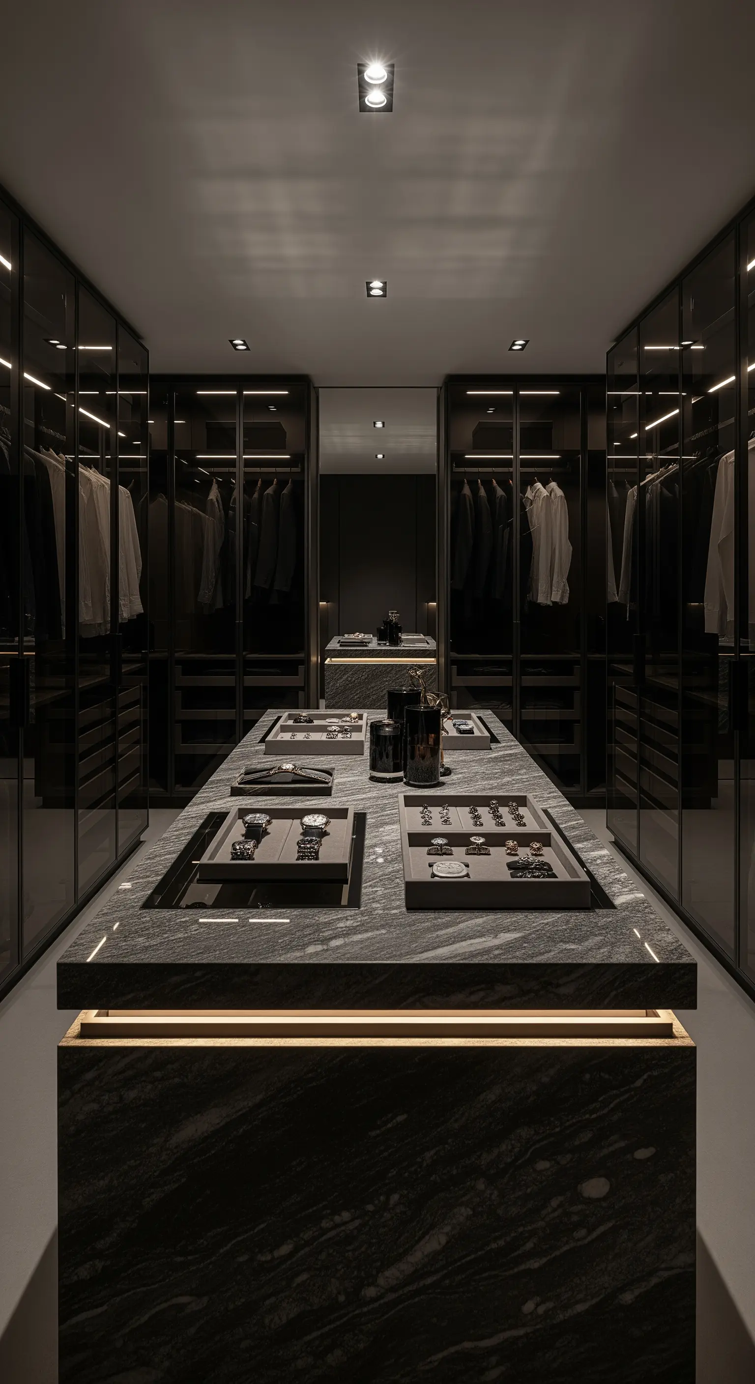 Dunkle Steinkonsole mit integrierten Schmuckfächern in einem luxuriösen Ankleidezimmer