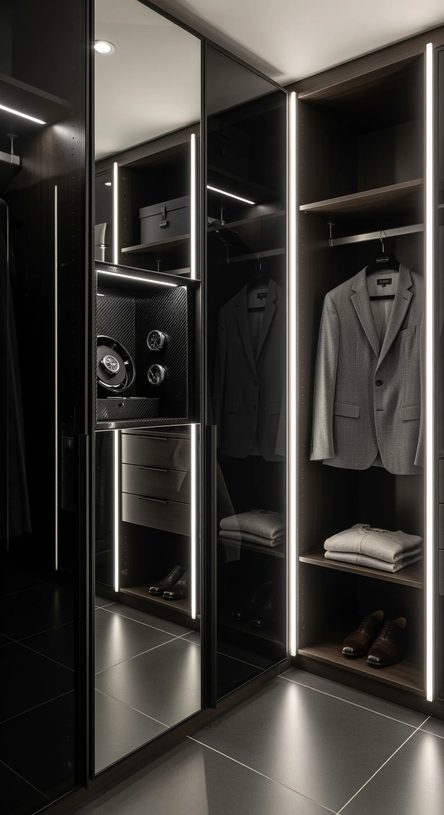 Begehbarer Kleiderschrank mit dunklen Schränken, LED-Beleuchtung und Uhrenvitrine