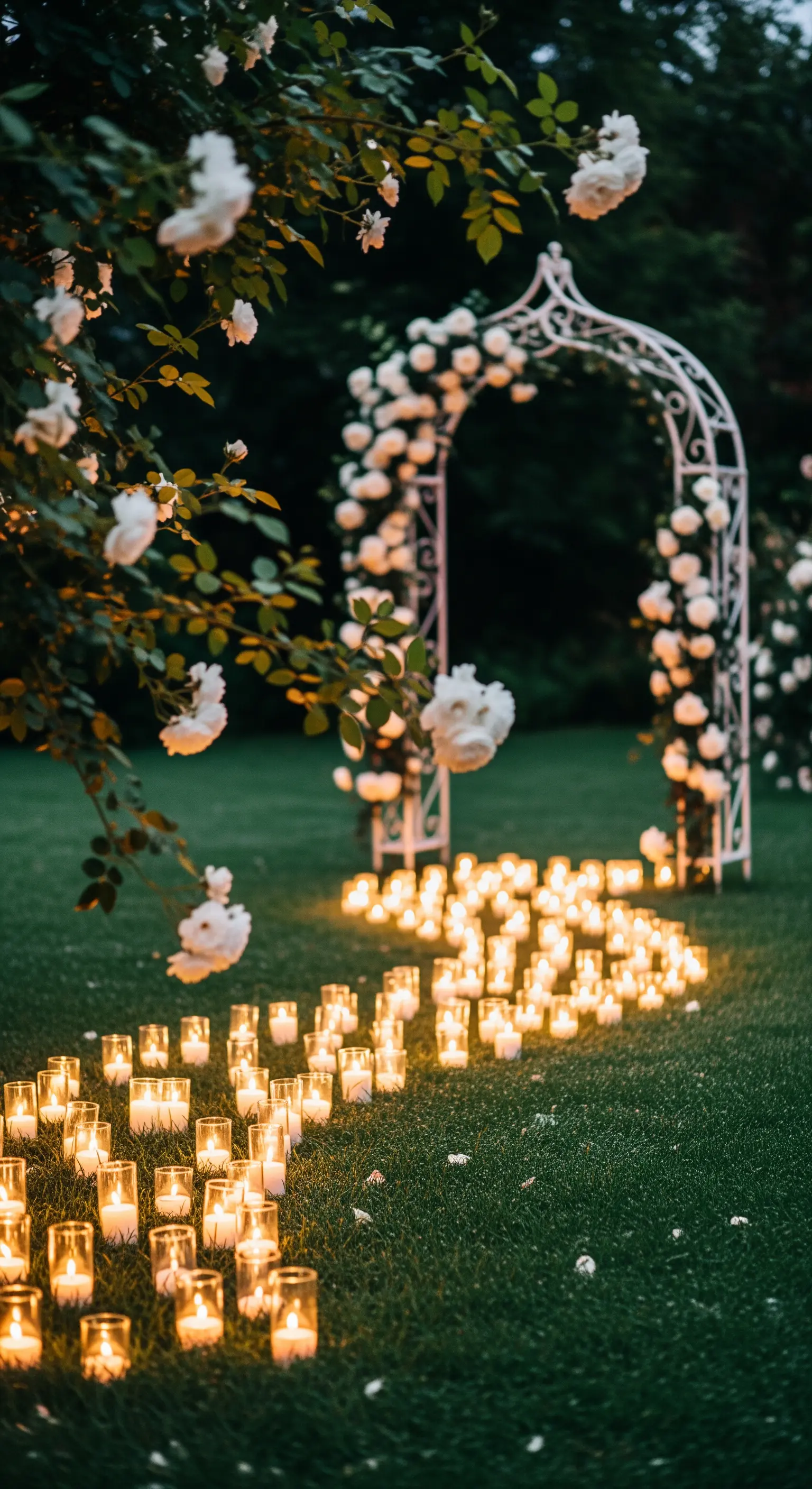 Weißer Rosenbogen mit weißen Rosen und geschwungenem Kerzenweg auf grünem Rasen